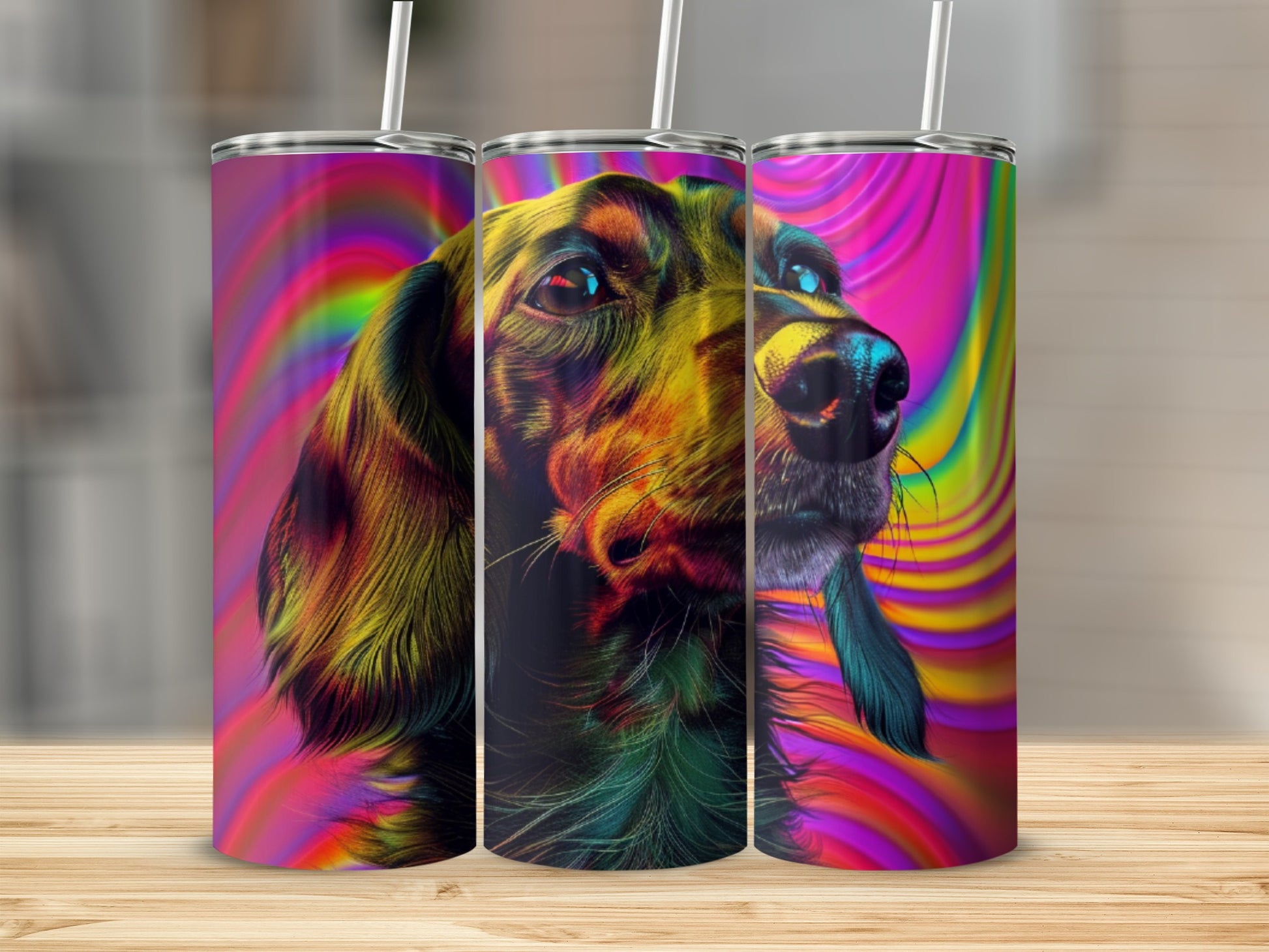 Dachshund portrait on a colorful, abstract swirl background.
