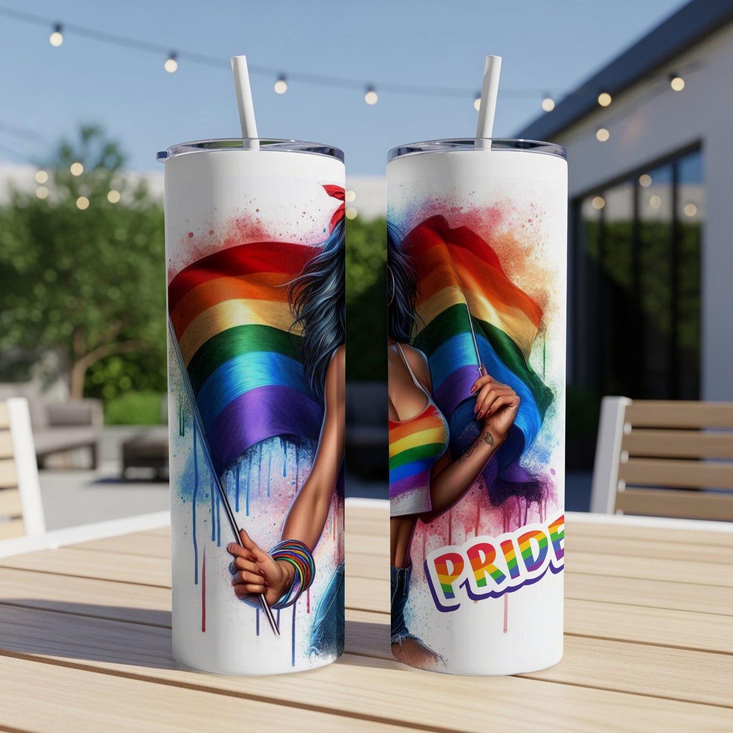 Rainbow Pride tumbler with woman holding flag, "Pride" text.