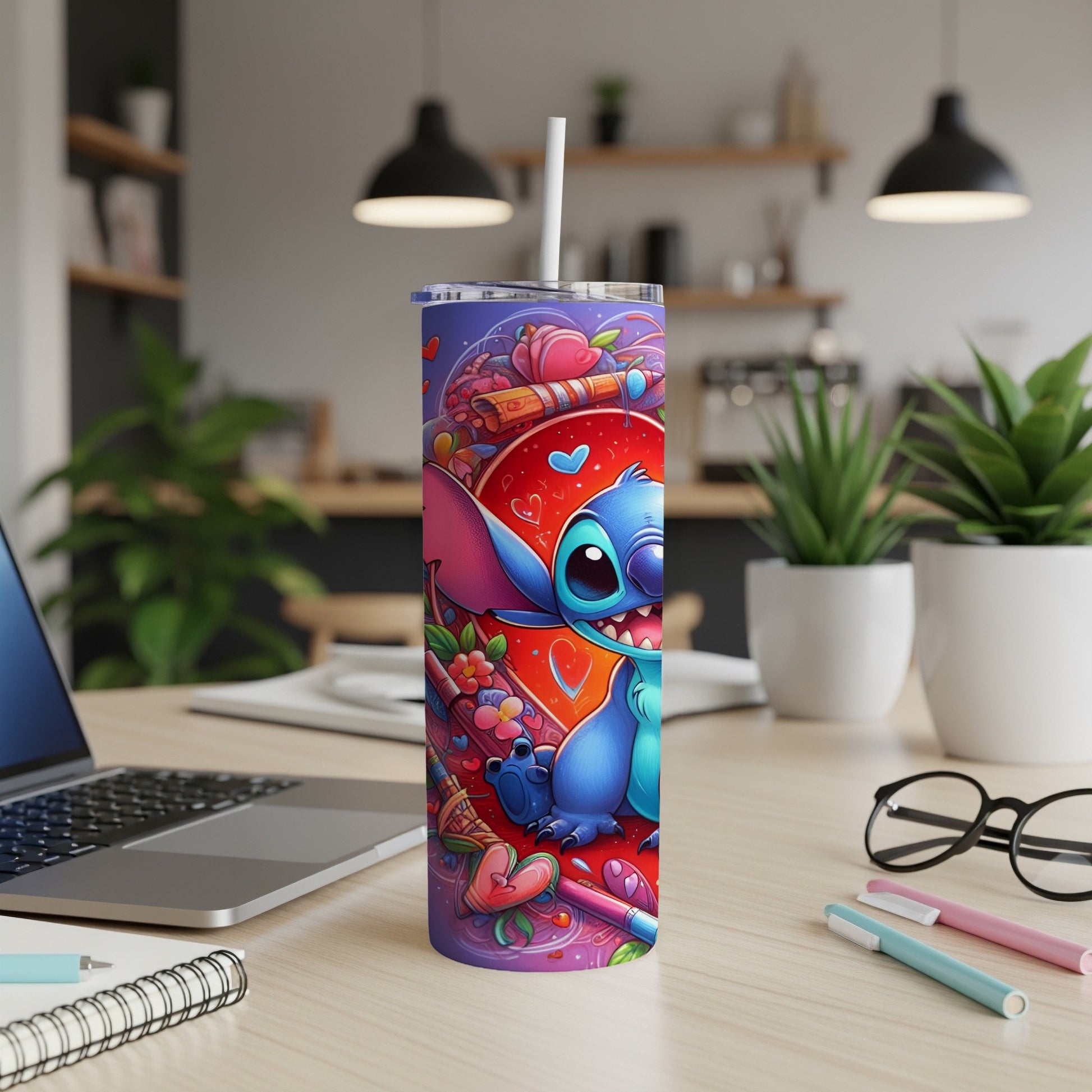 Blue Stitch character with hearts and candy on a white tumbler.