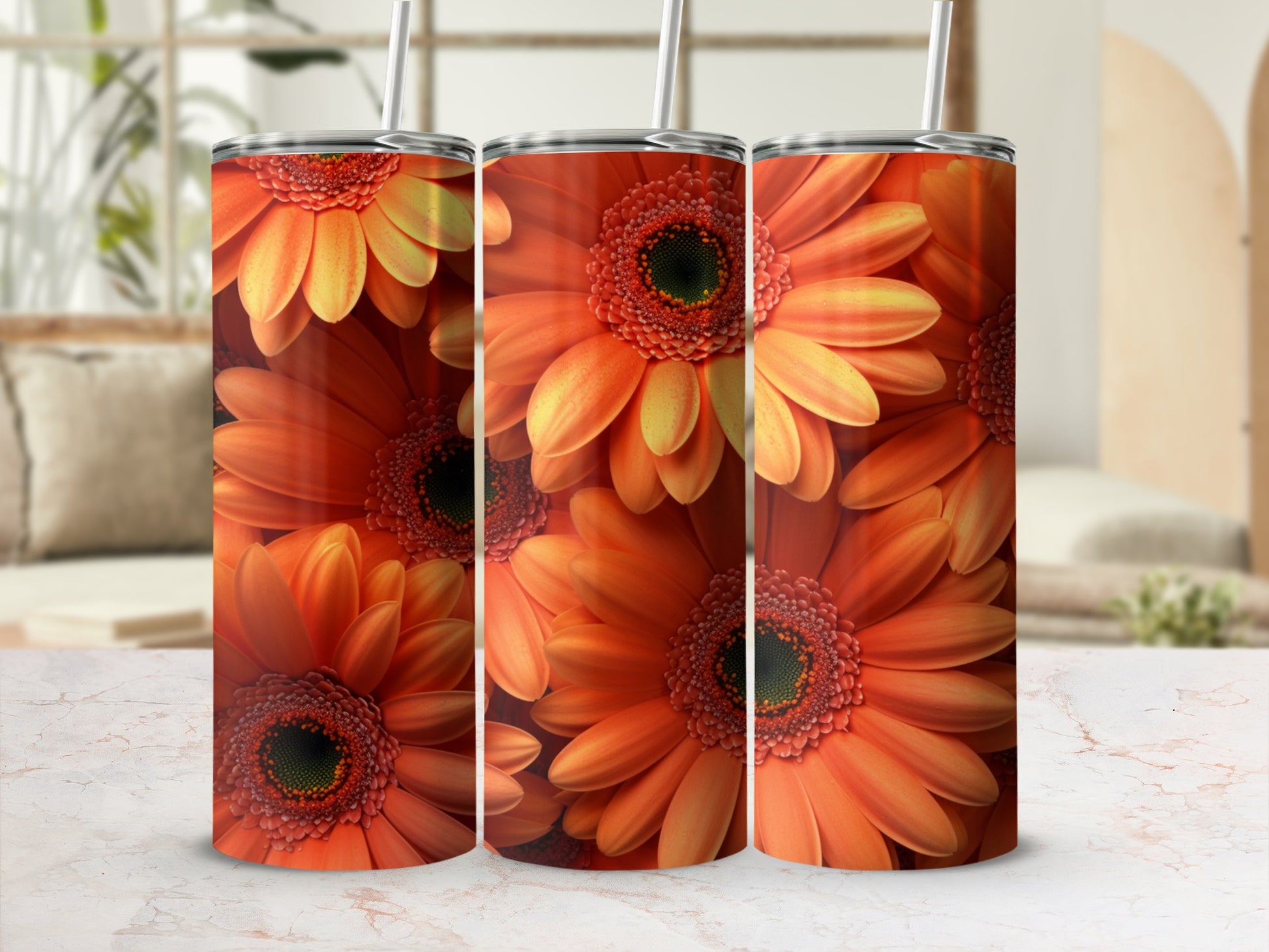 Vibrant Orange Daisy Flower Print Stainless Steel Tumbler