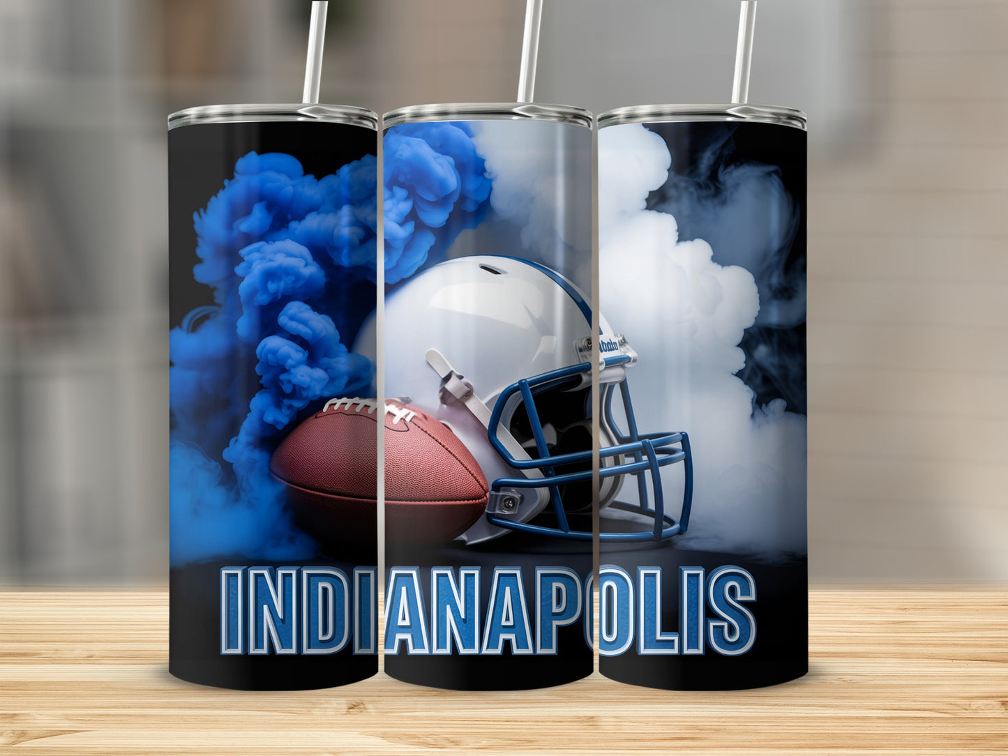 Indianapolis Colts football helmet and ball with blue smoke.
