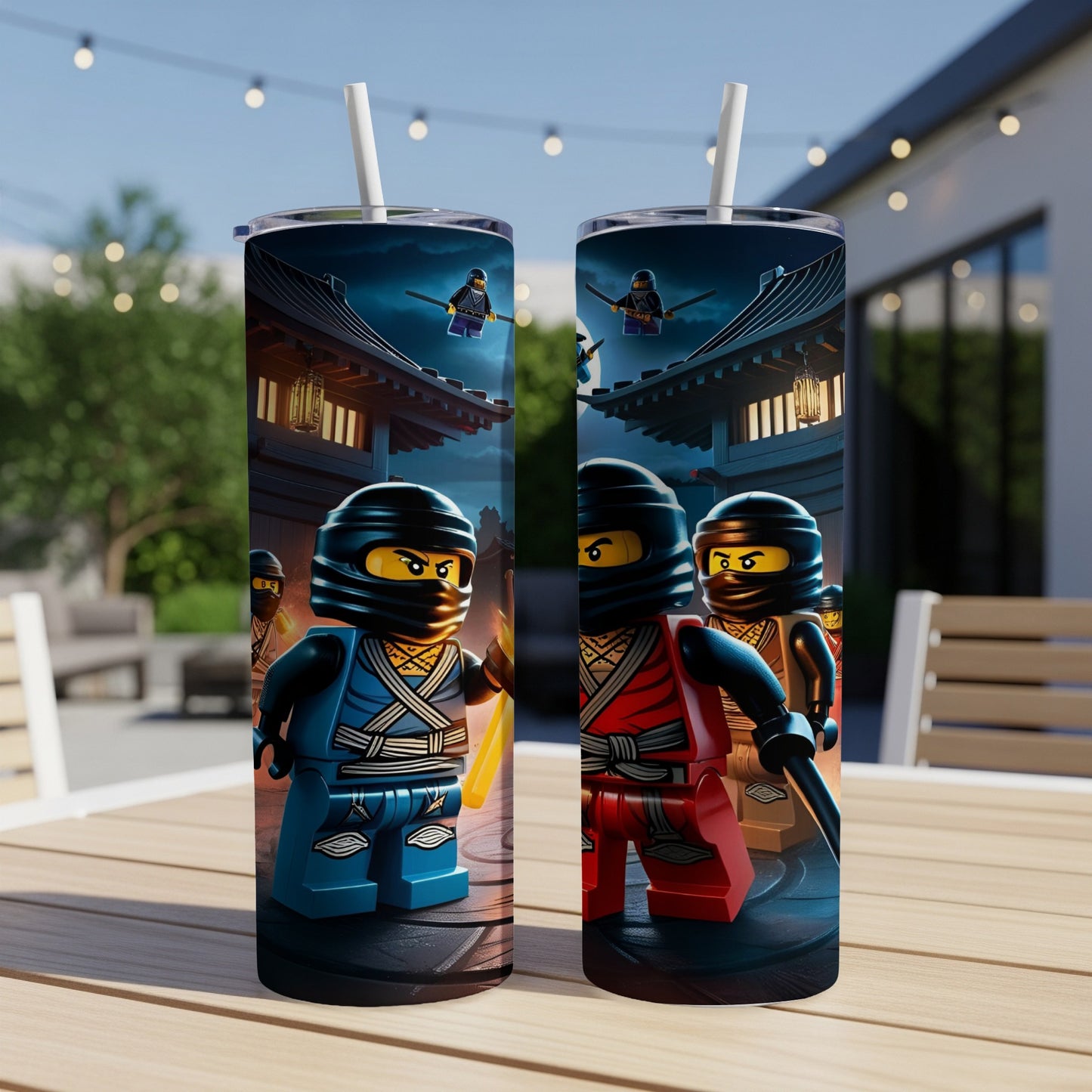 Two Ninjago characters, one in blue and one in red, standing with weapons.