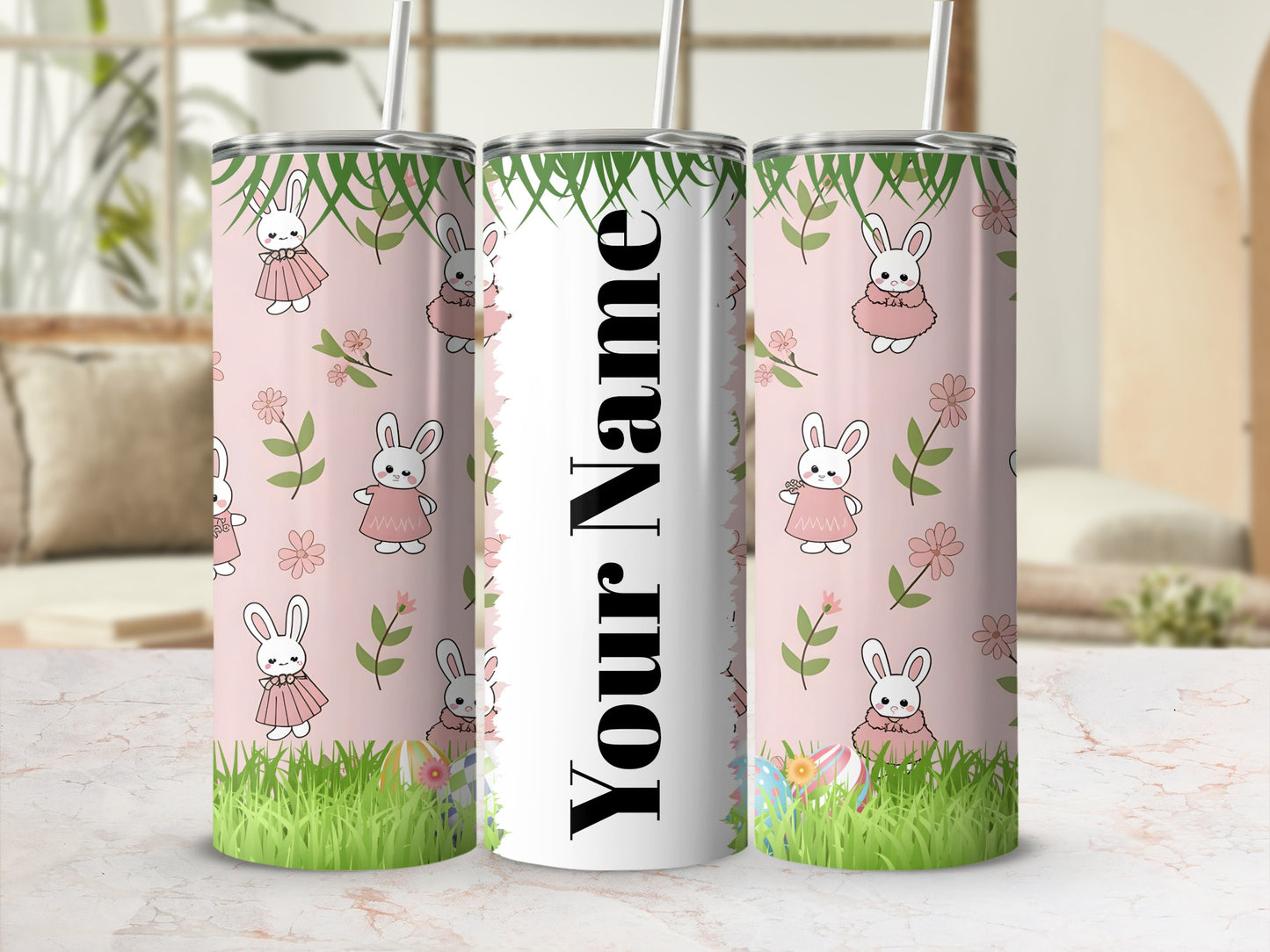 Cute Bunny and Floral Personalized Tumbler Cup