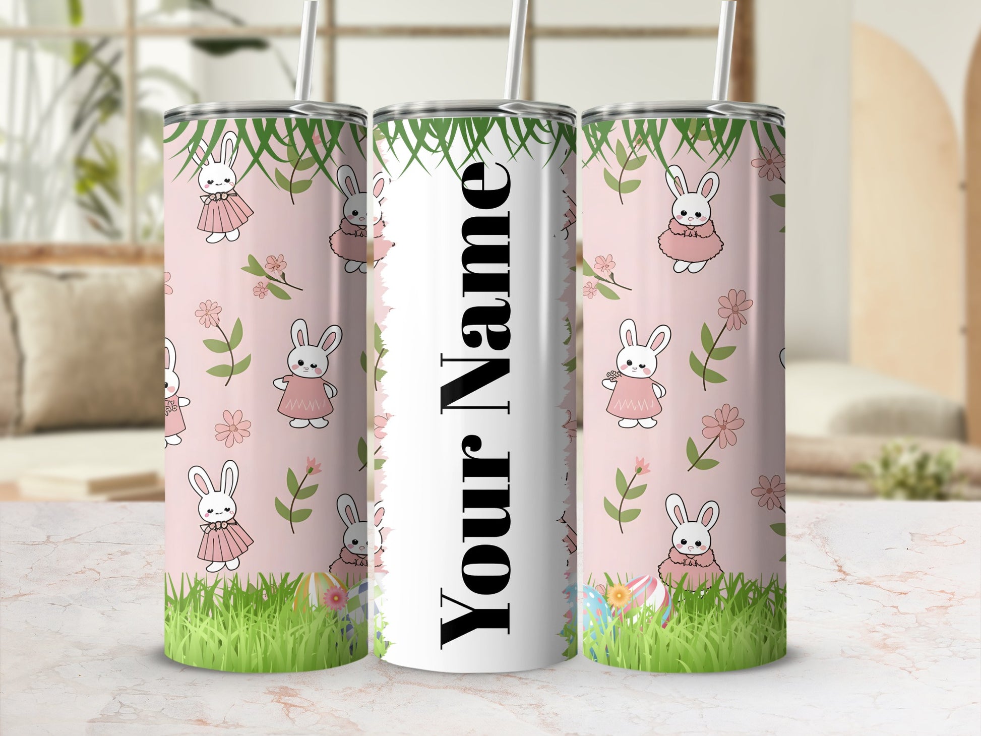 Cute Bunny and Floral Personalized Tumbler Cup