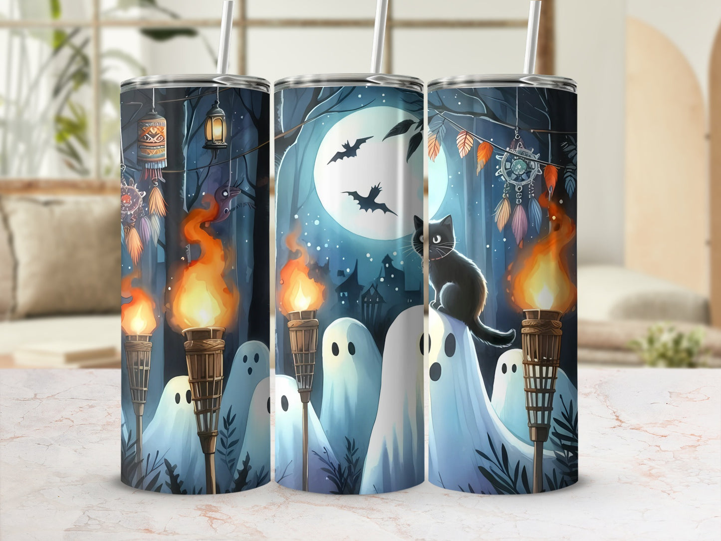 Halloween tumblers with ghosts, a black cat, and bats under a full moon.