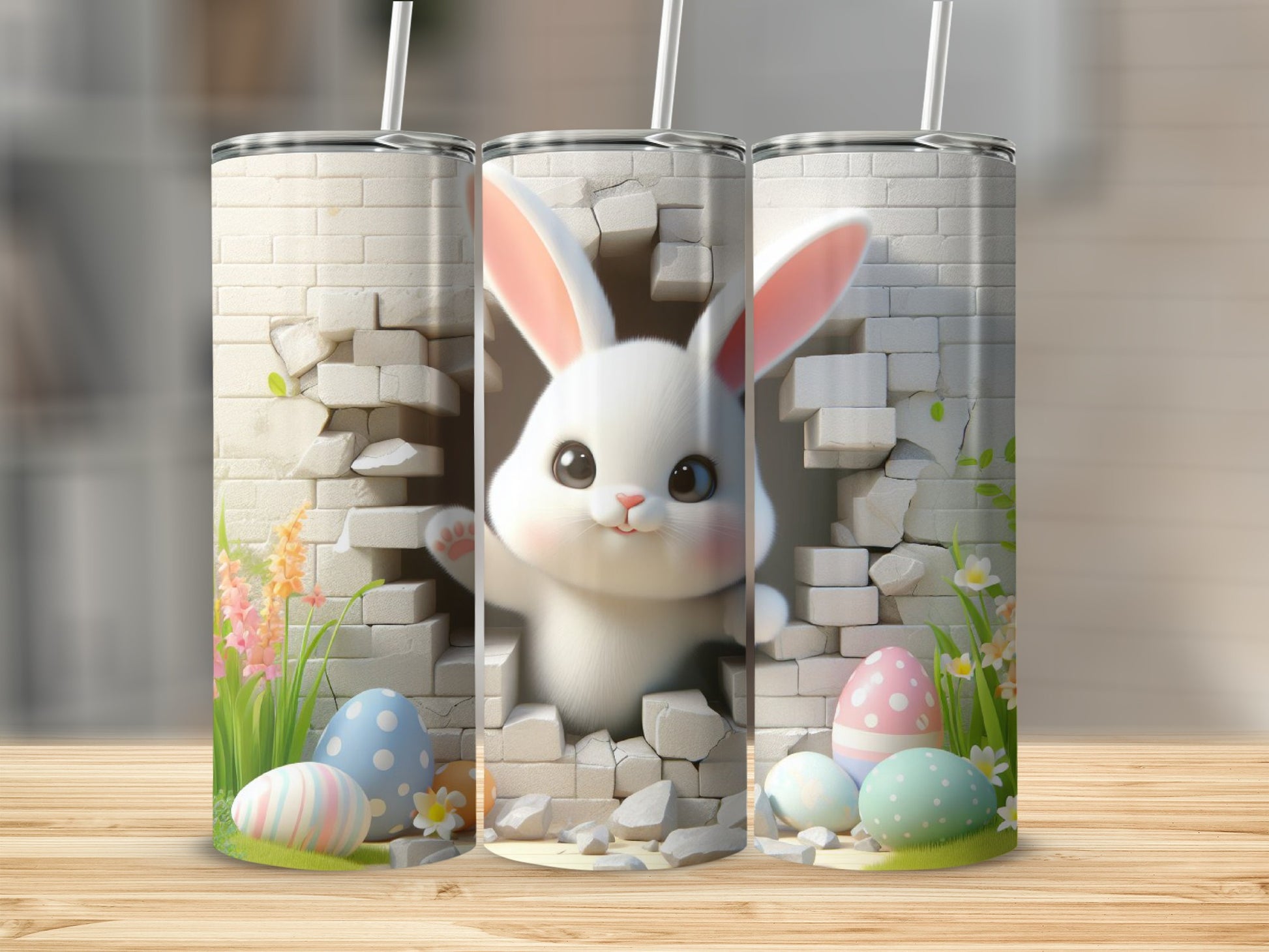 Easter bunny emerging from cracked brick wall with colorful eggs and flowers.