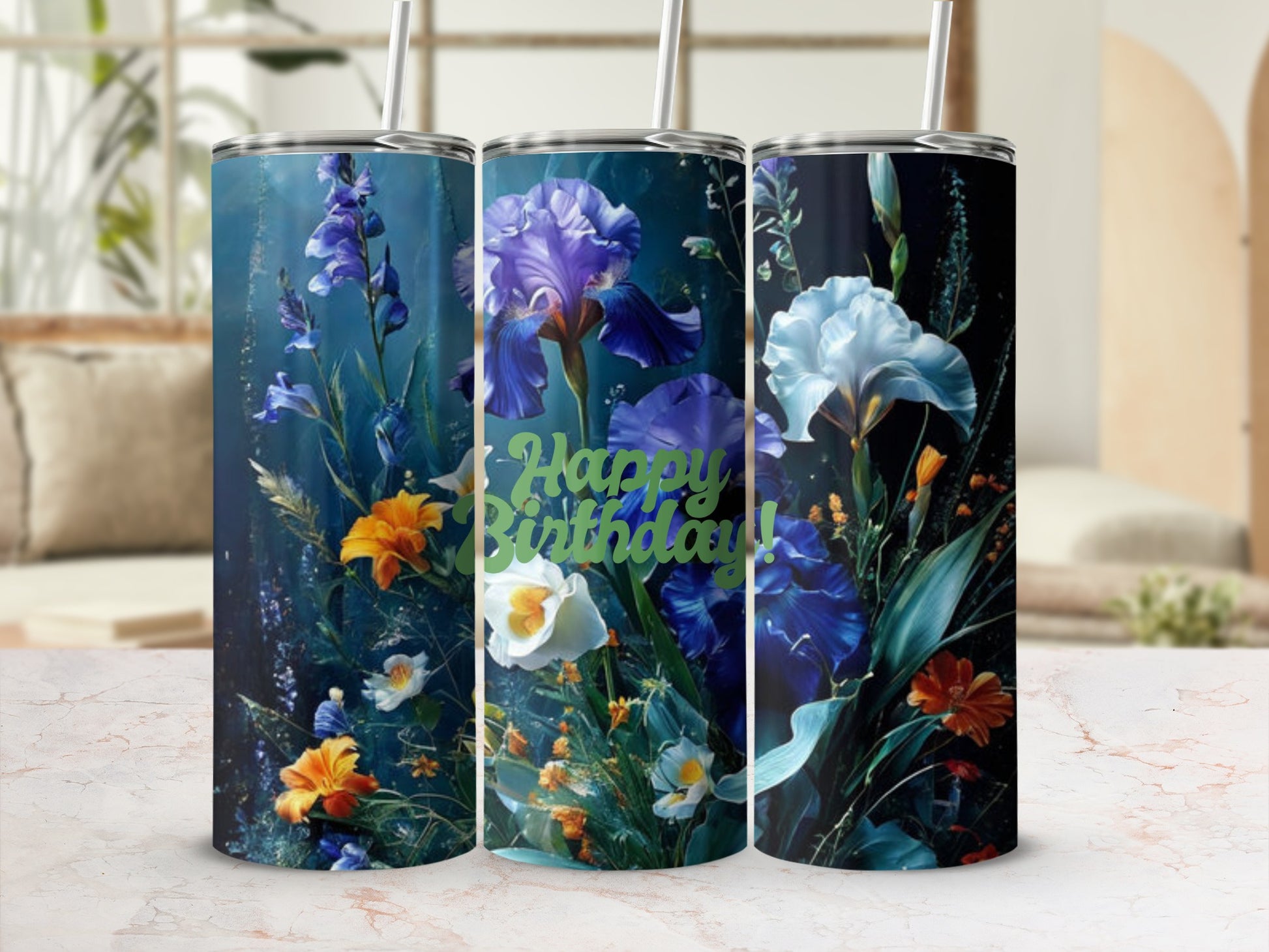 Blue and green floral design with "Happy Birthday!" text on a tumbler.