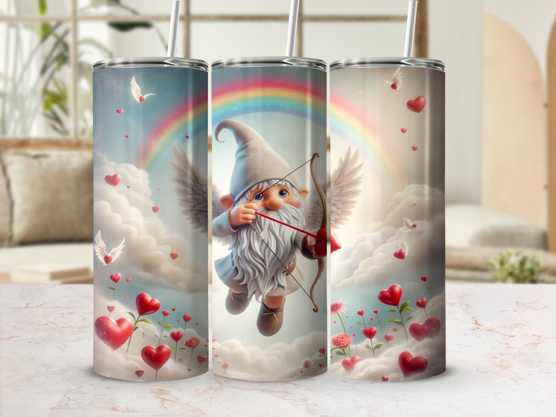 Whimsical Cupid Gnome with Rainbow and Hearts Tumbler