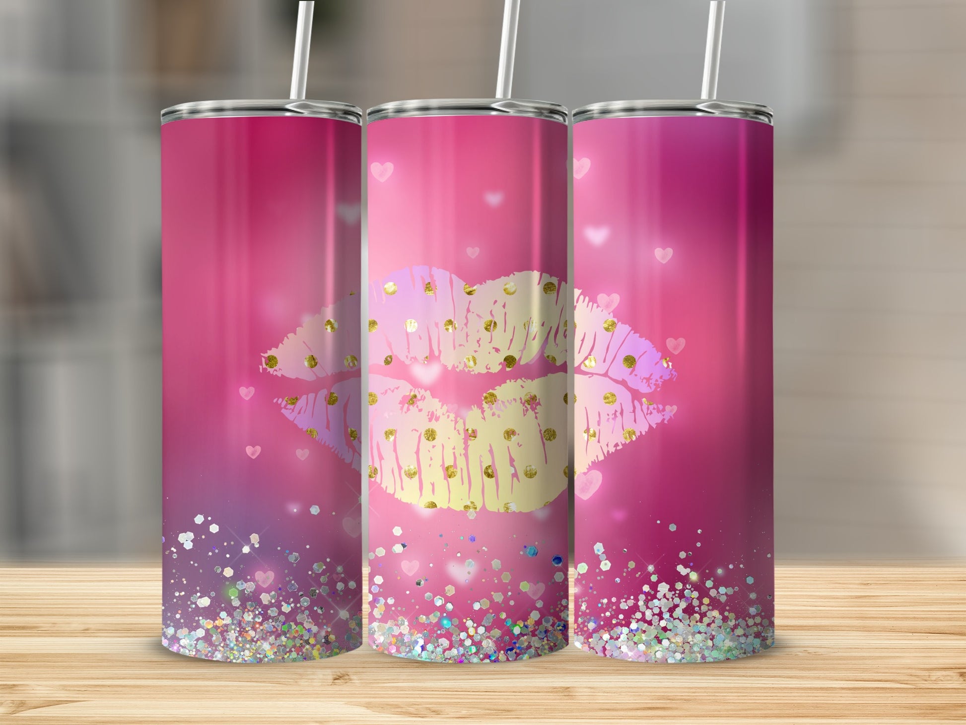 Sparkling Kiss Design Tumbler with Heart Accents