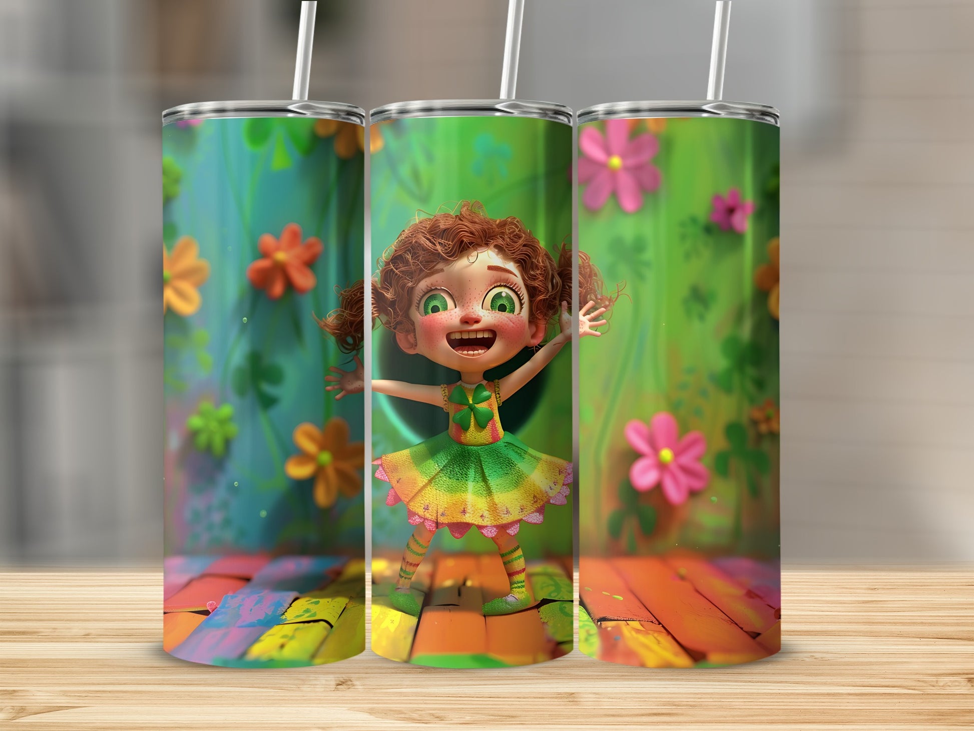 Colorful tumbler with cartoon girl and flowers, displayed on a wooden surface.