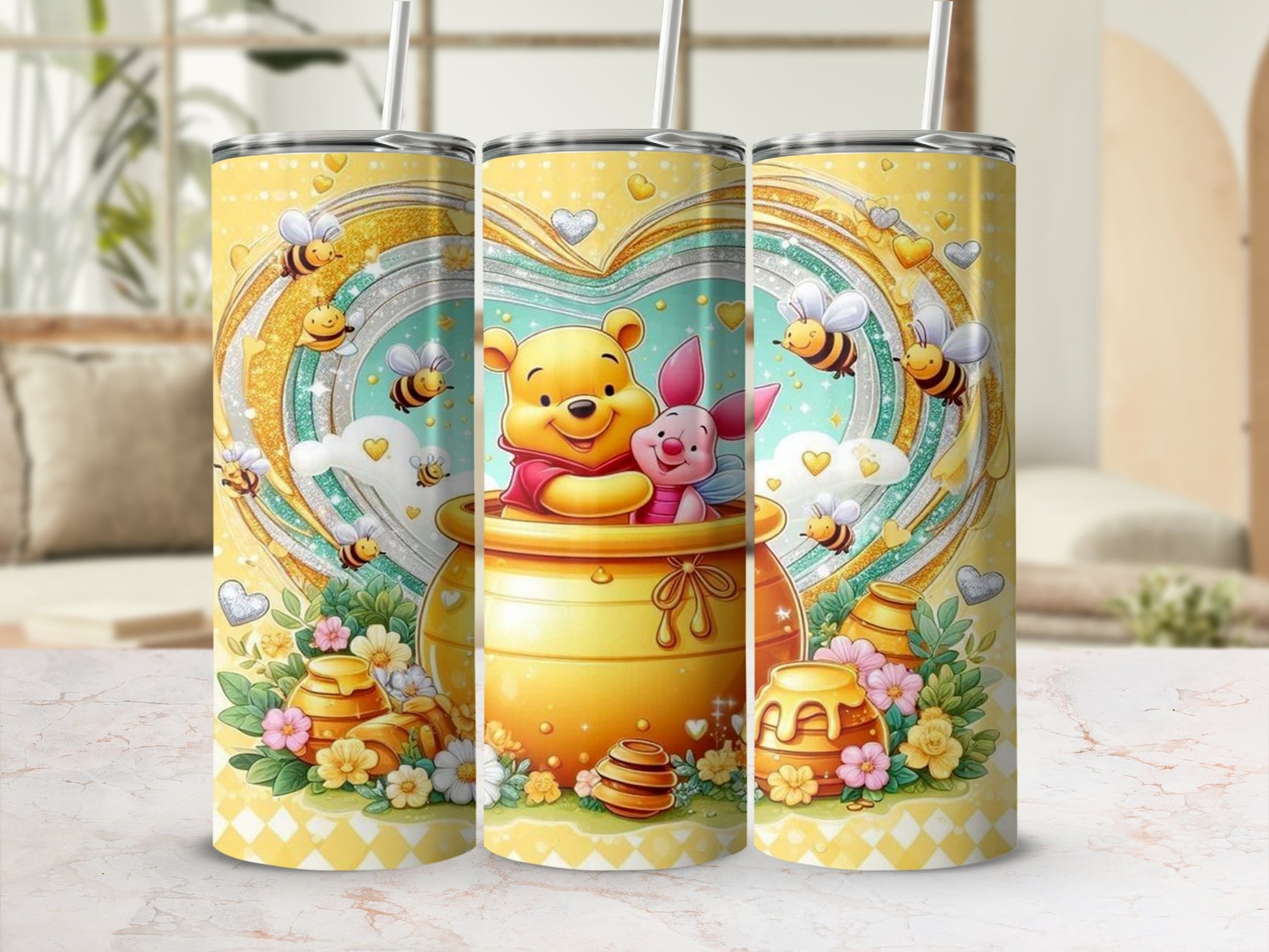 Colorful Winnie the Pooh Piglet Heart Design Tumbler