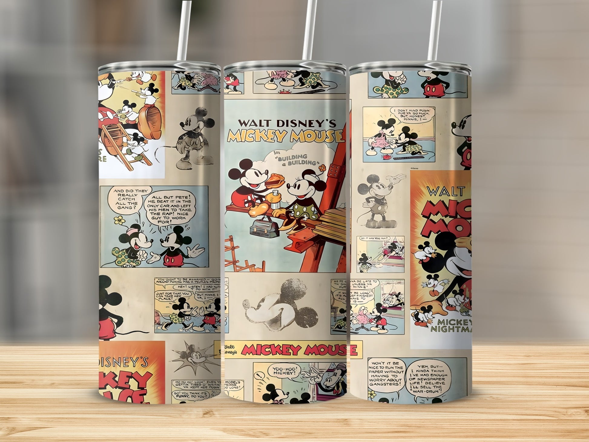 Mickey Mouse cartoon panels featuring building and construction scenes.