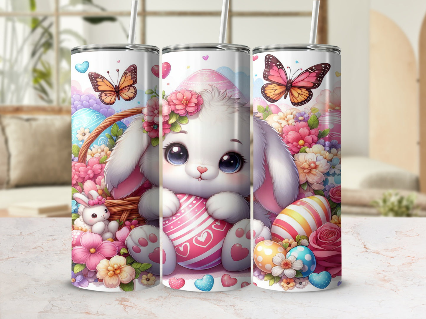 Easter bunny with painted eggs and butterflies, surrounded by flowers and in a basket.