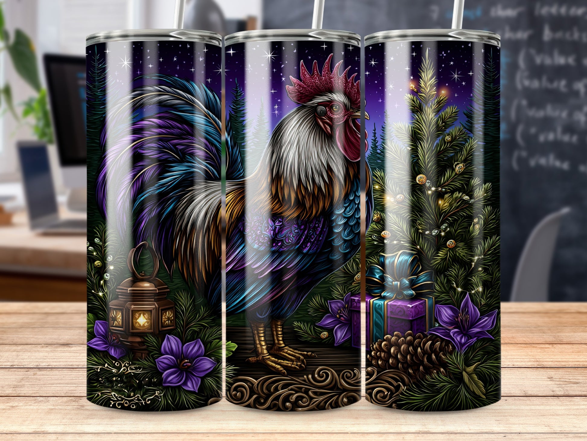 Festive Rooster and Gifts Holiday Tumbler Design