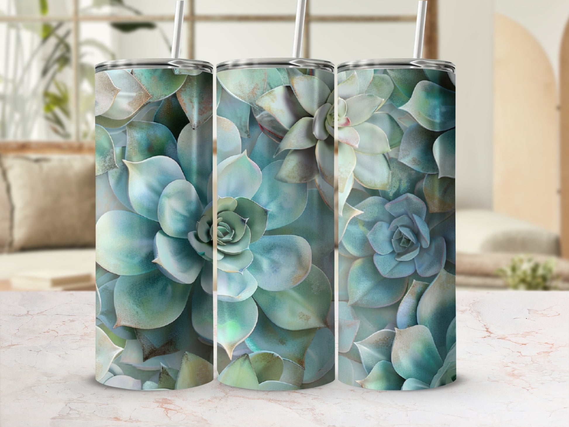 Three tumblers with a close-up succulent plant design.