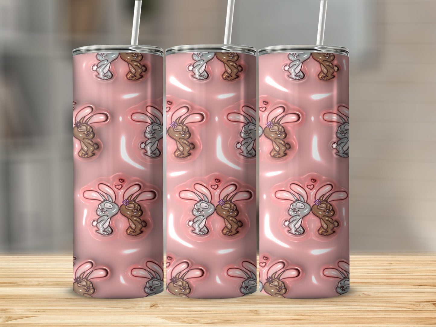 Cute Bunny Pattern Pink Tumbler with Straw