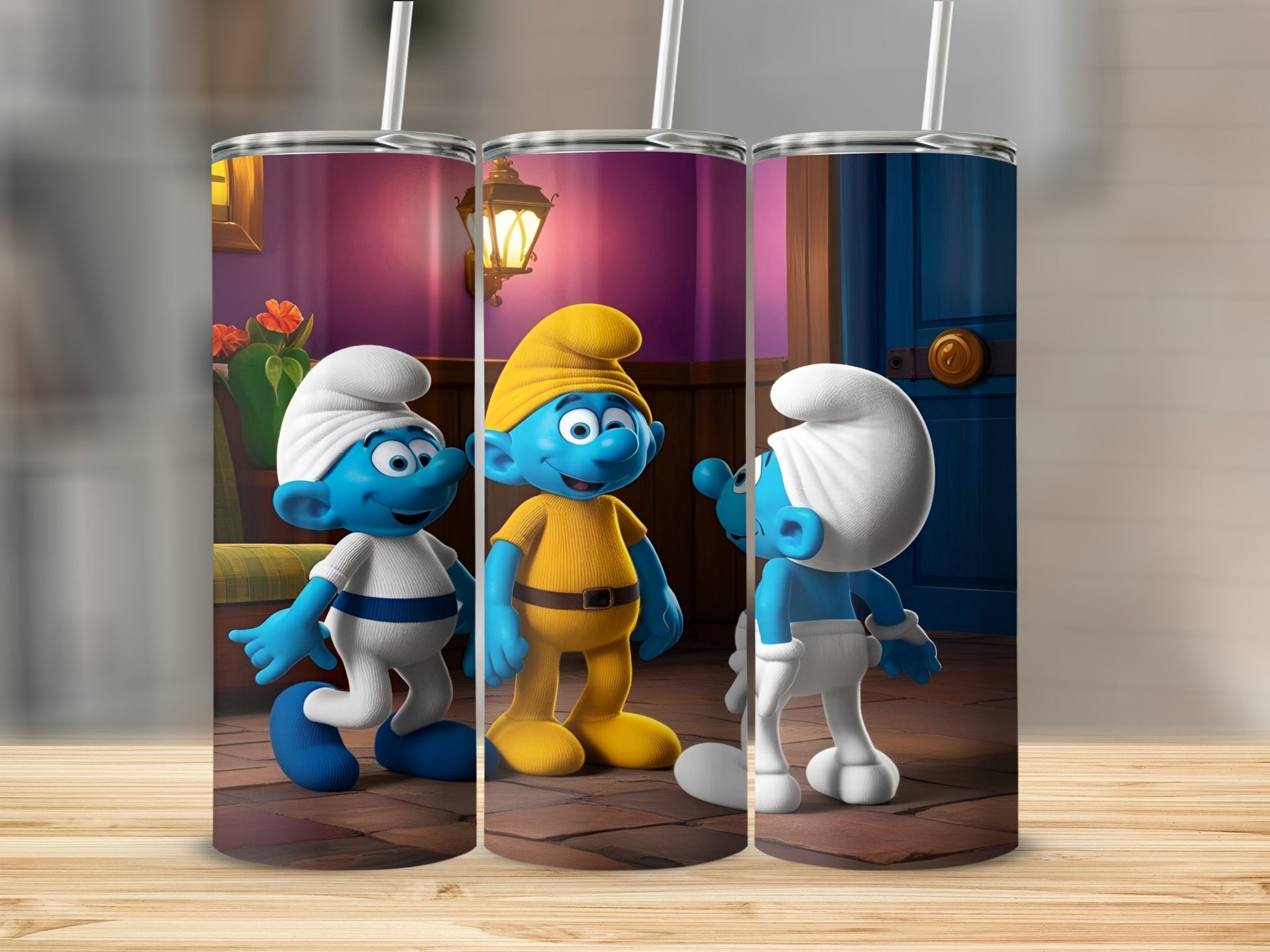 Three Smurfs in a row, two wearing white hats, one in yellow.