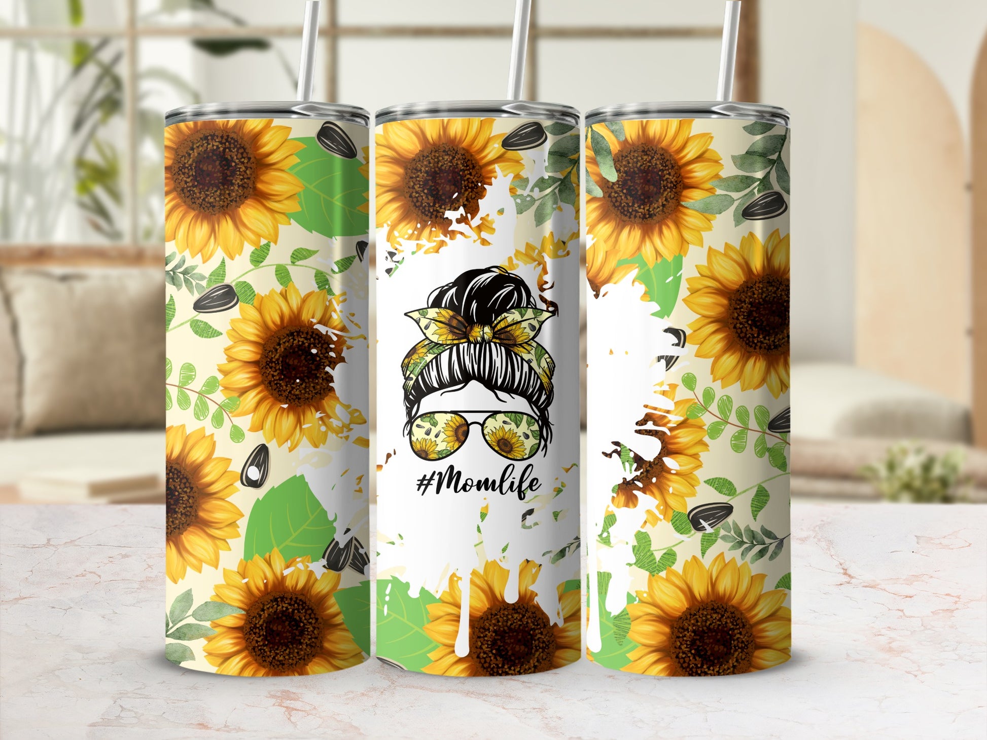 Sunflower and #Momlife Design Custom Tumbler Cup
