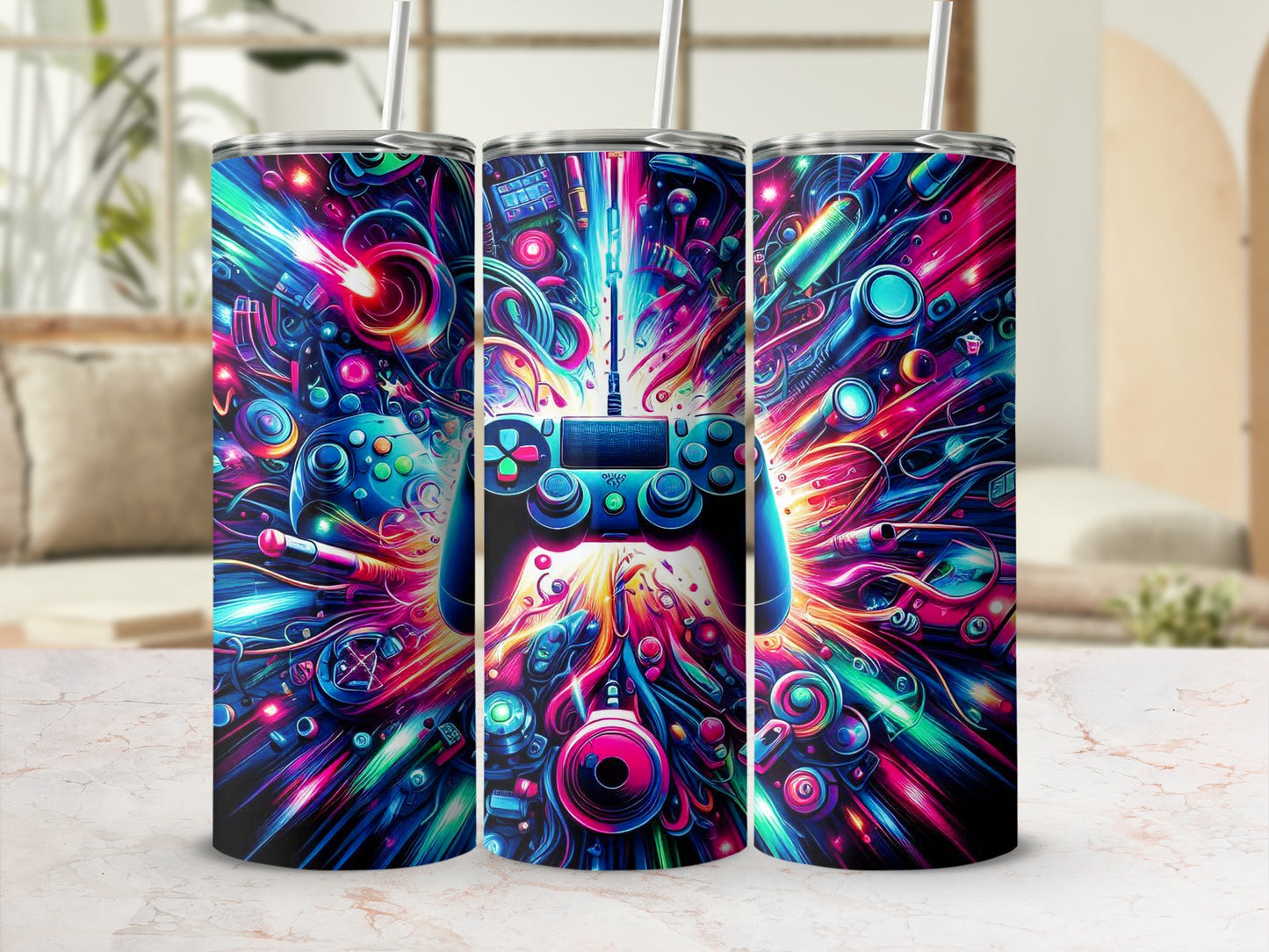 Triptych of a vibrant, abstract gaming controller design with neon lights and circuitry.
