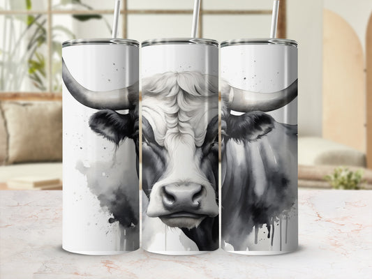 Triptych of tumblers featuring a watercolor bull portrait with horns.