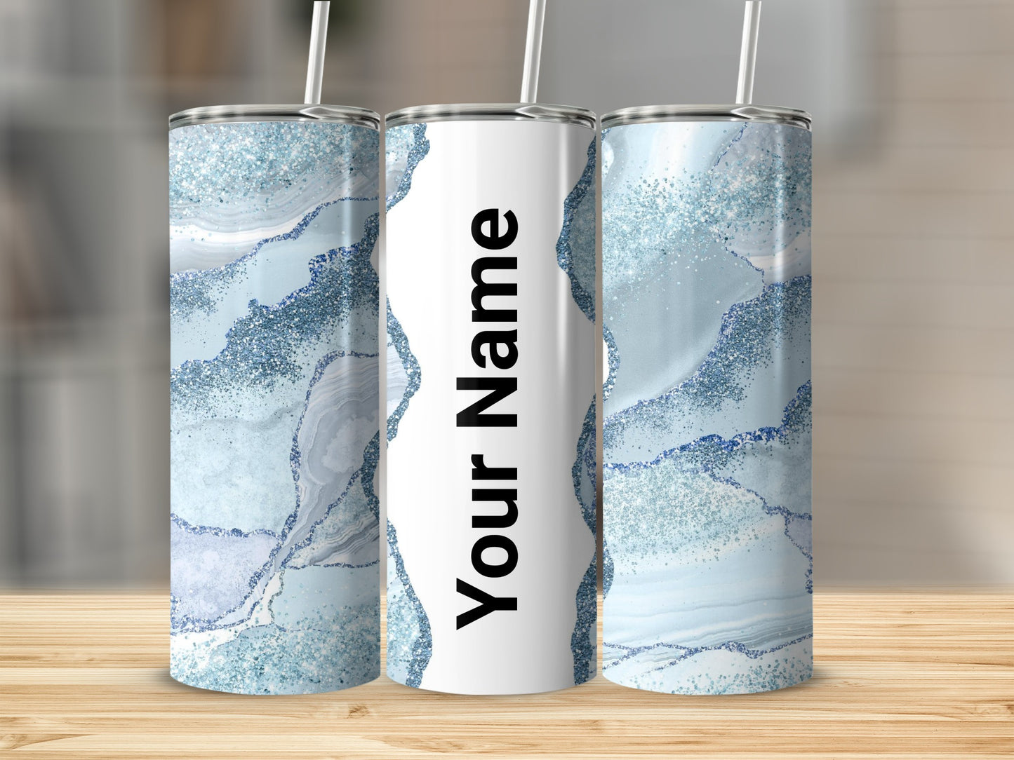 Personalized Blue Glitter Marble Tumbler Flask Cup
