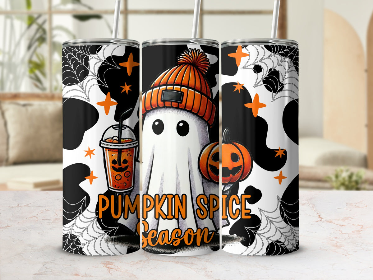 Three tumblers featuring a ghost wearing a beanie, pumpkin, and drink with "Pumpkin Spice Season" text.