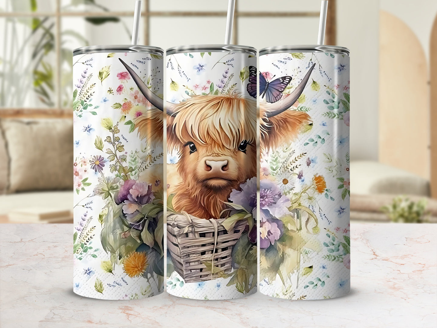 Highland Cow Floral Print Insulated Tumbler Cup
