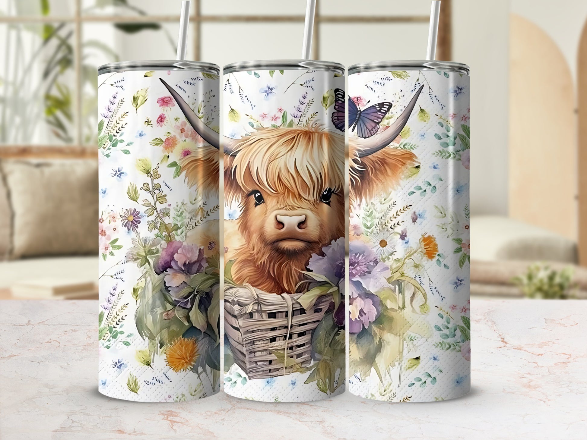 Highland Cow Floral Print Insulated Tumbler Cup