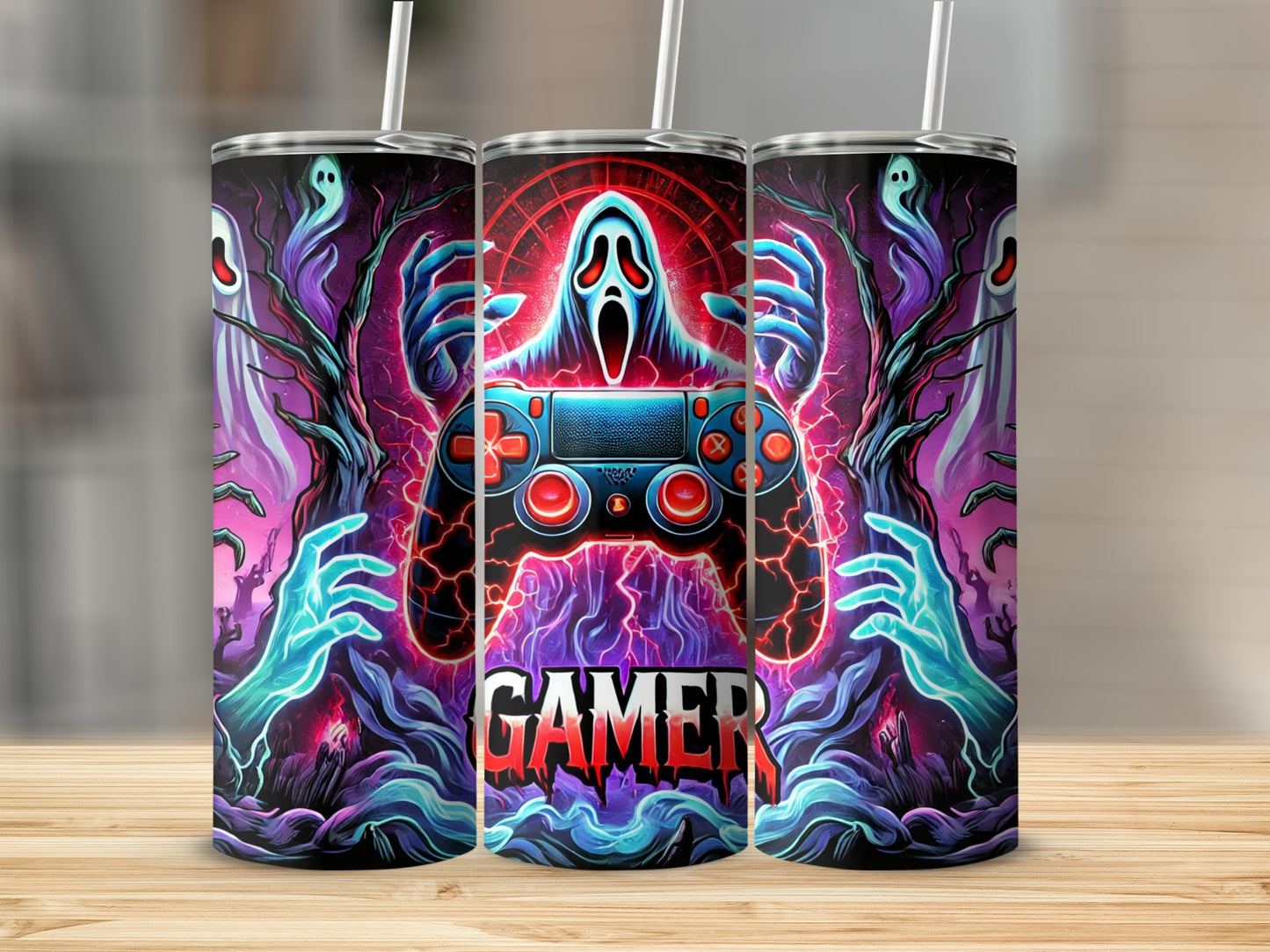 Ghostly hands hold a video game controller with "GAMER" text.