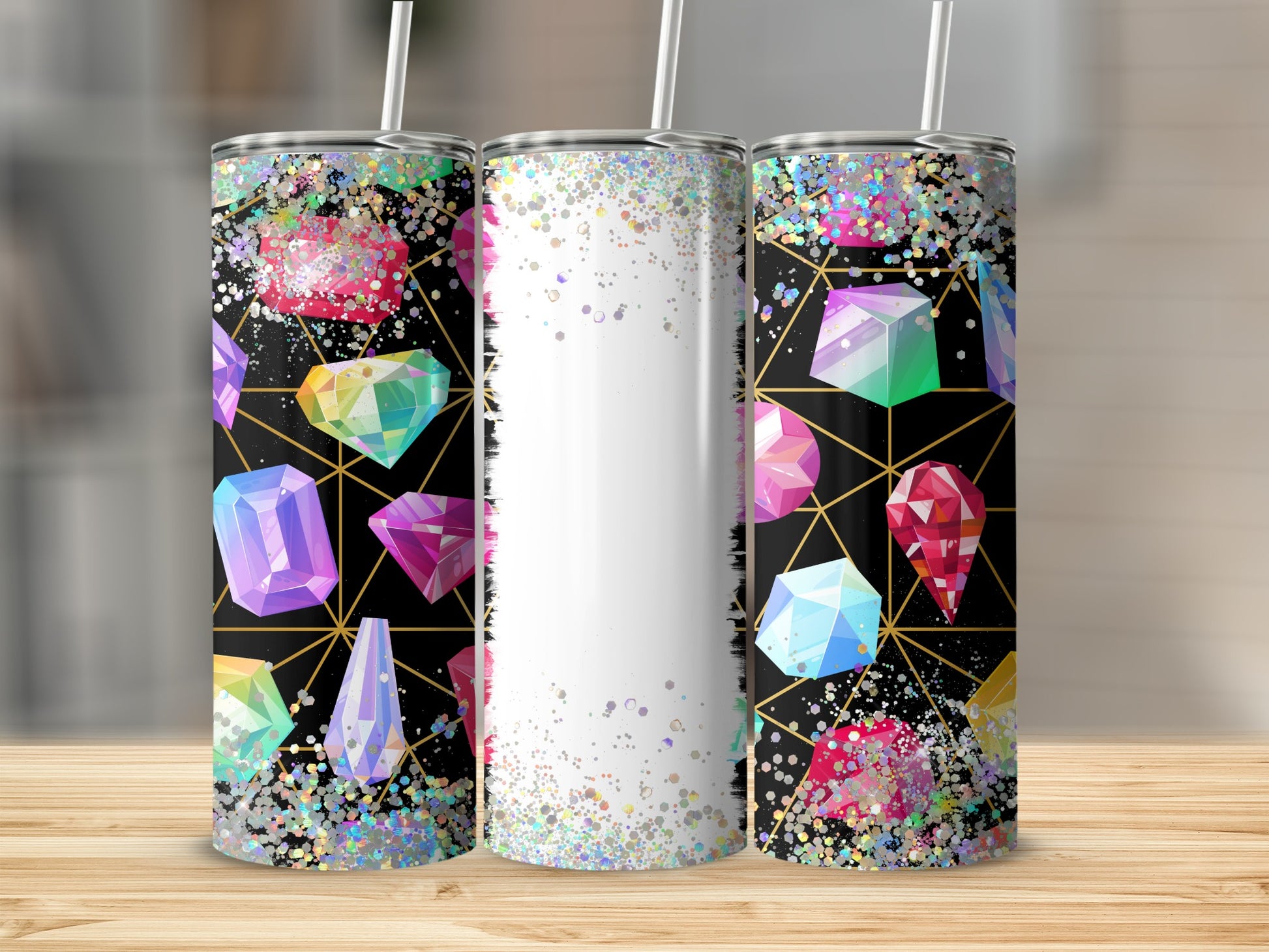Three tumblers with geometric gemstone pattern and glitter accents.