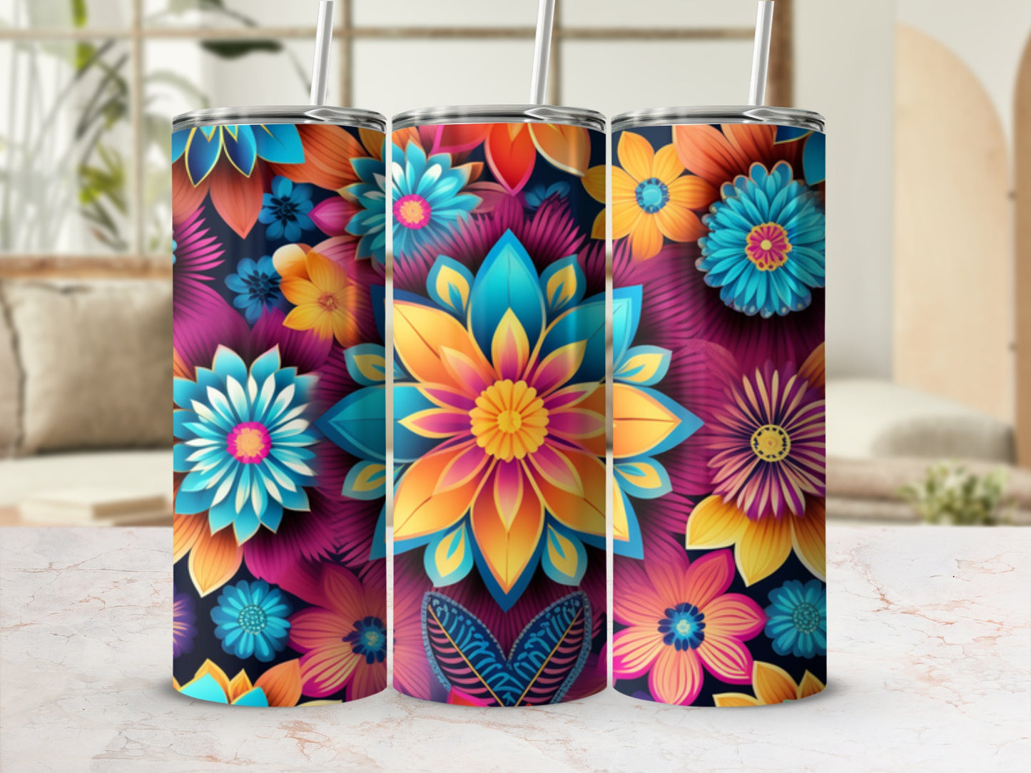 Three tumblers with vibrant floral patterns and straws, displayed on a counter.
