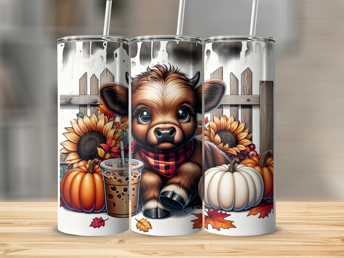 Cow with sunflowers, pumpkins, and coffee cup on tumbler.