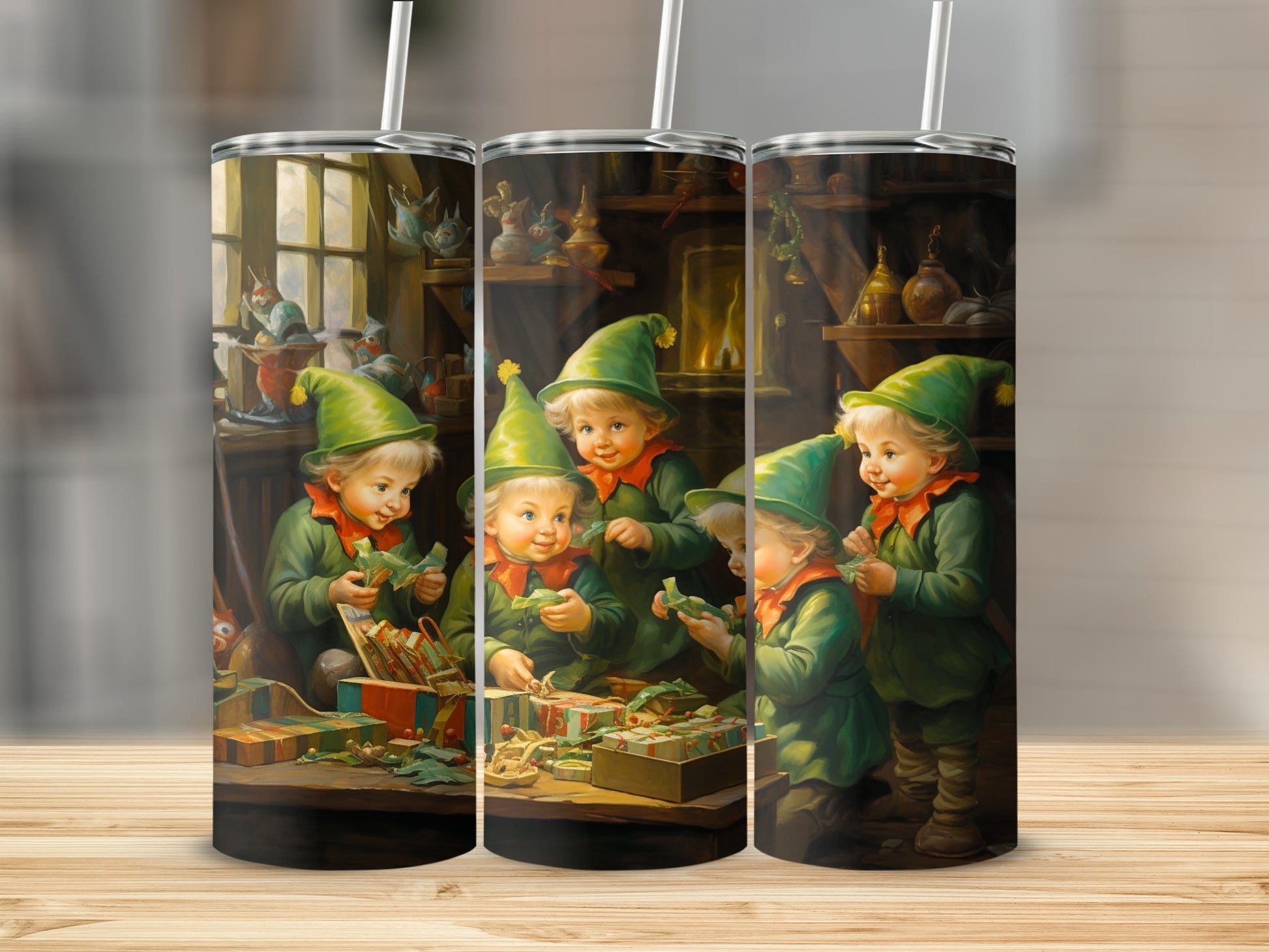 Adorable Elves Workshop Scene Tumbler Christmas Decor