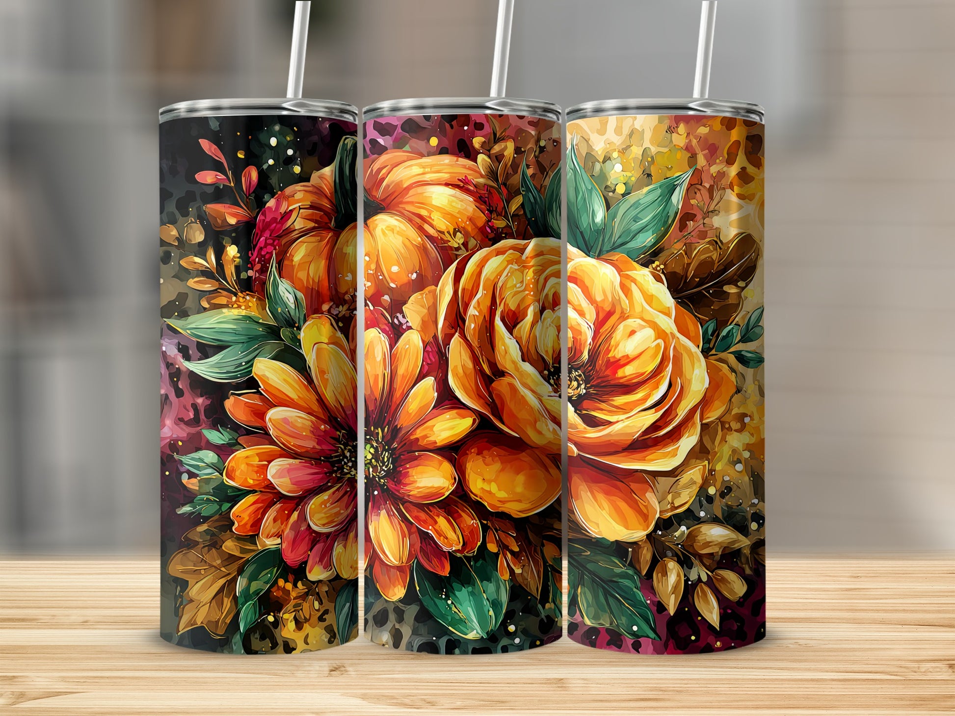 Vibrant Floral Design Tumbler with Straws for Beverages