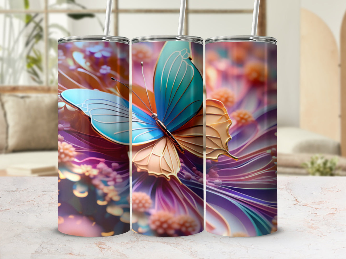 Three iridescent butterflies with ornate wings on a floral background.