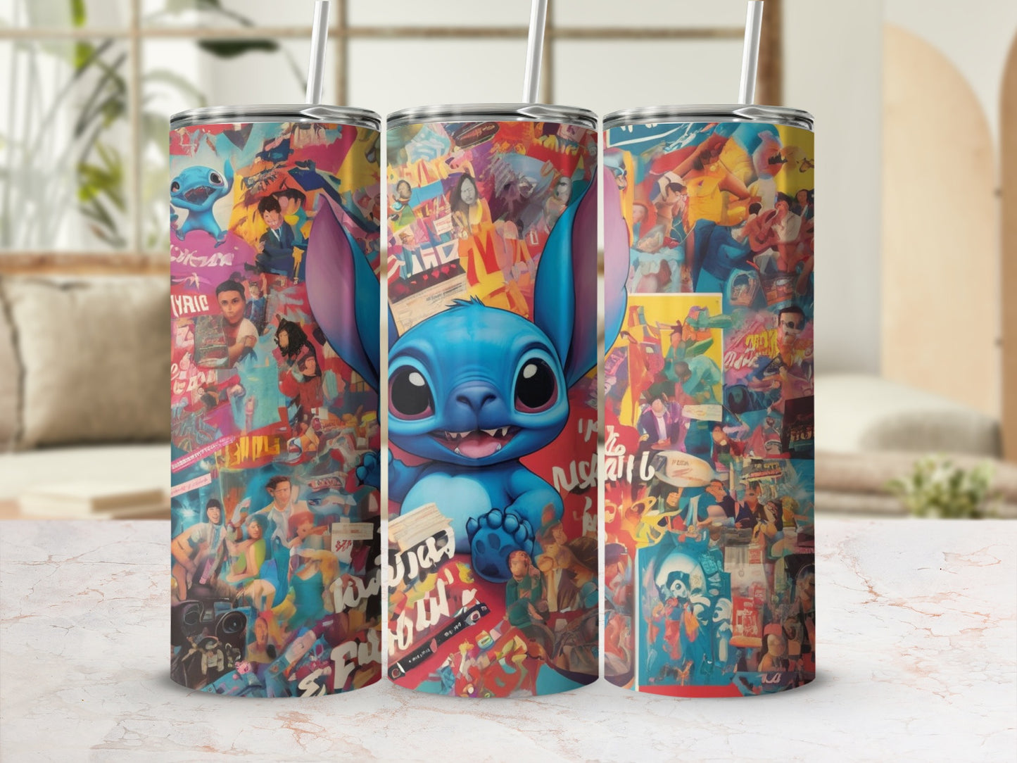 Stitch character on a collage of colorful, vintage-style graphics.