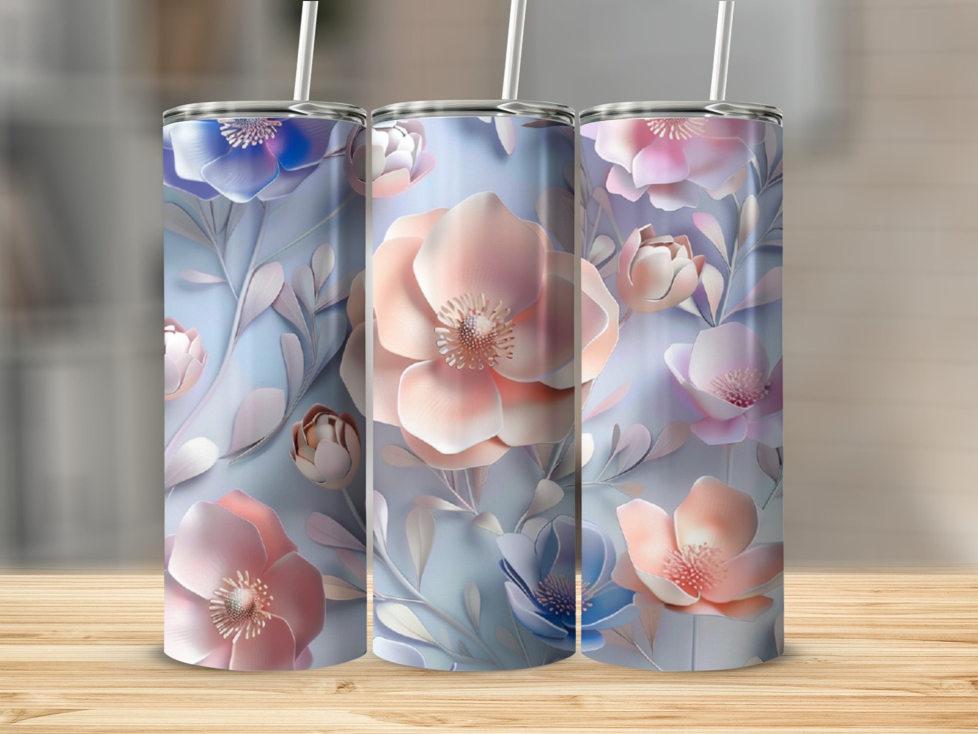 Three tumblers with a soft pastel floral design.