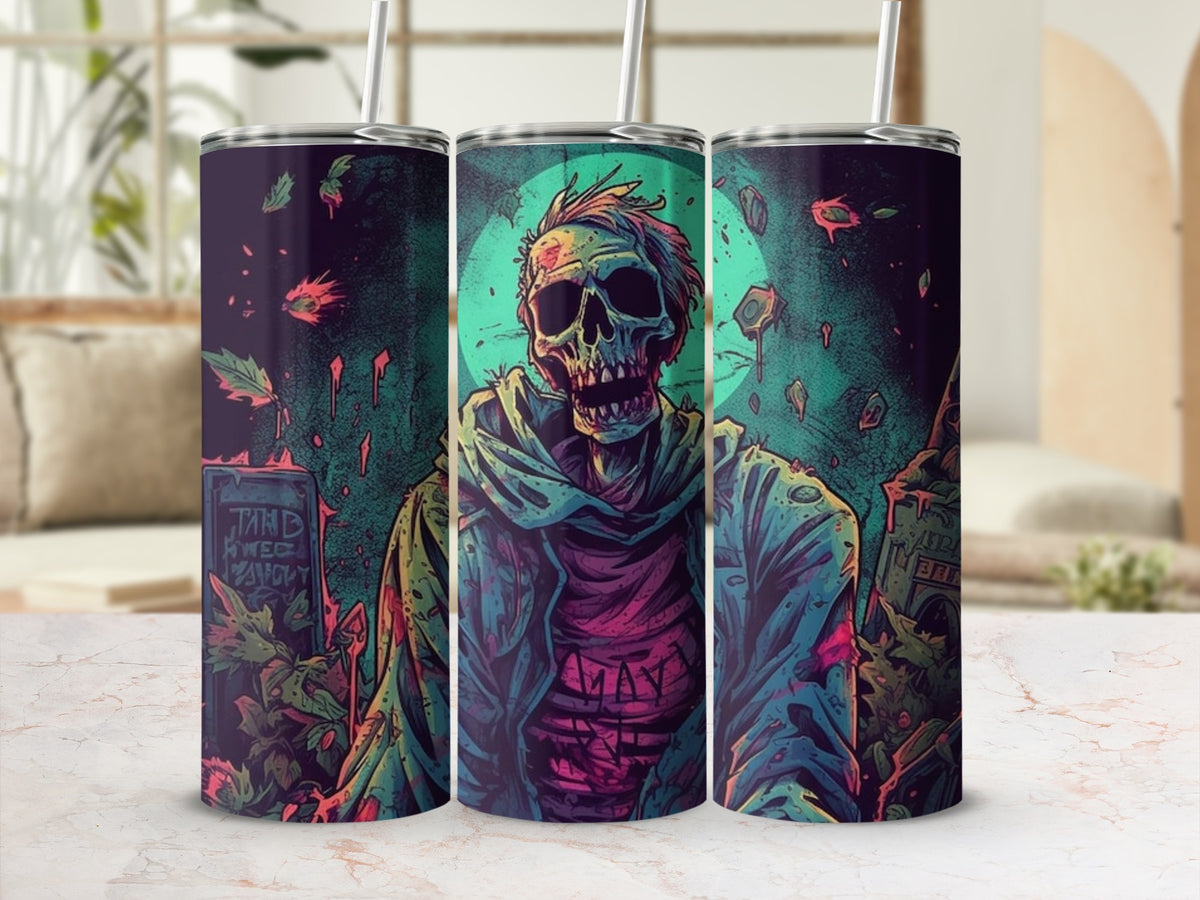 Three tumblers with a zombie Halloween theme, featuring a creepy skeleton and tombstone.