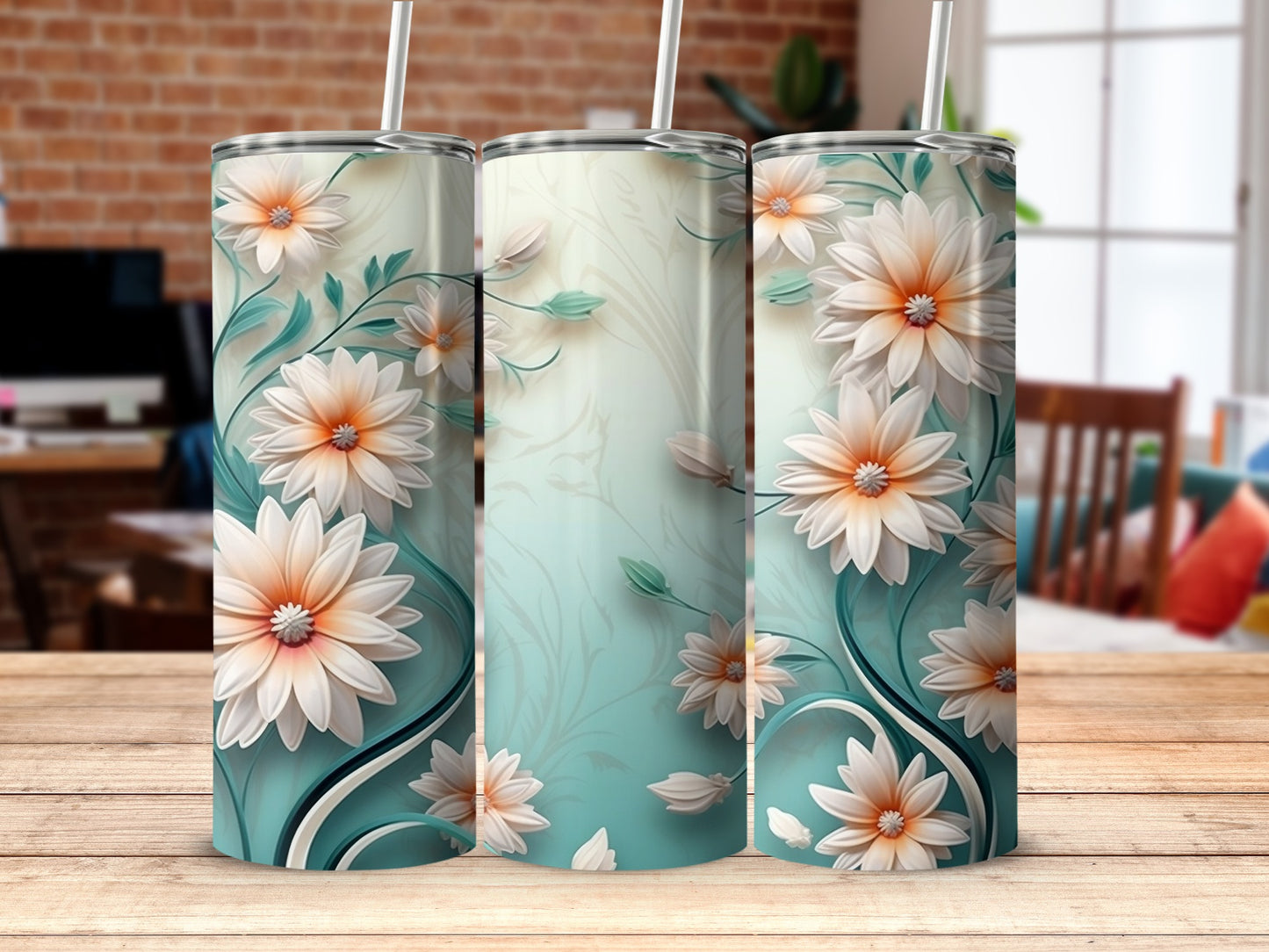 White Flowers Peach Center Aqua Swirls Tumbler
