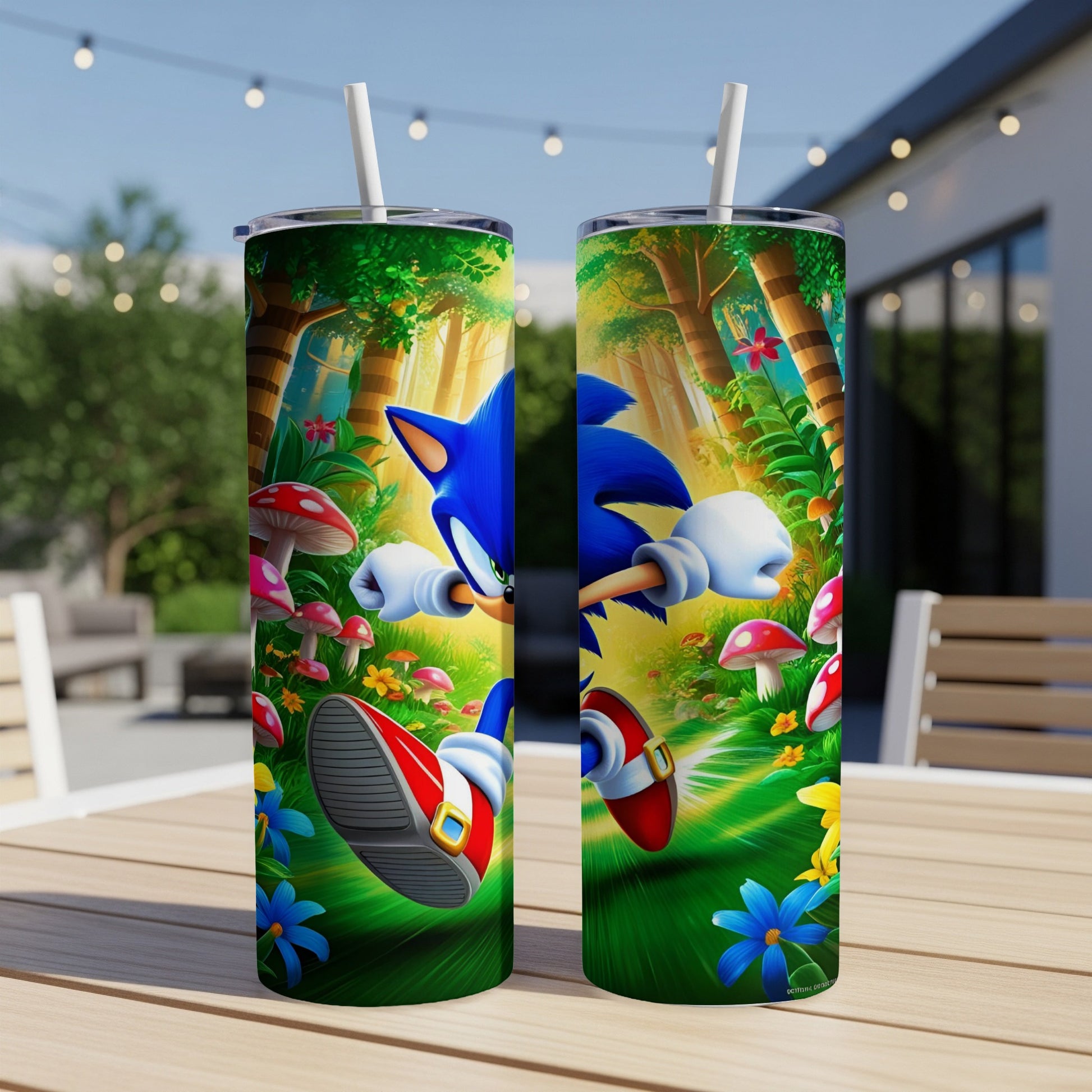 Sonic the Hedgehog running through a colorful forest with mushrooms and flowers.