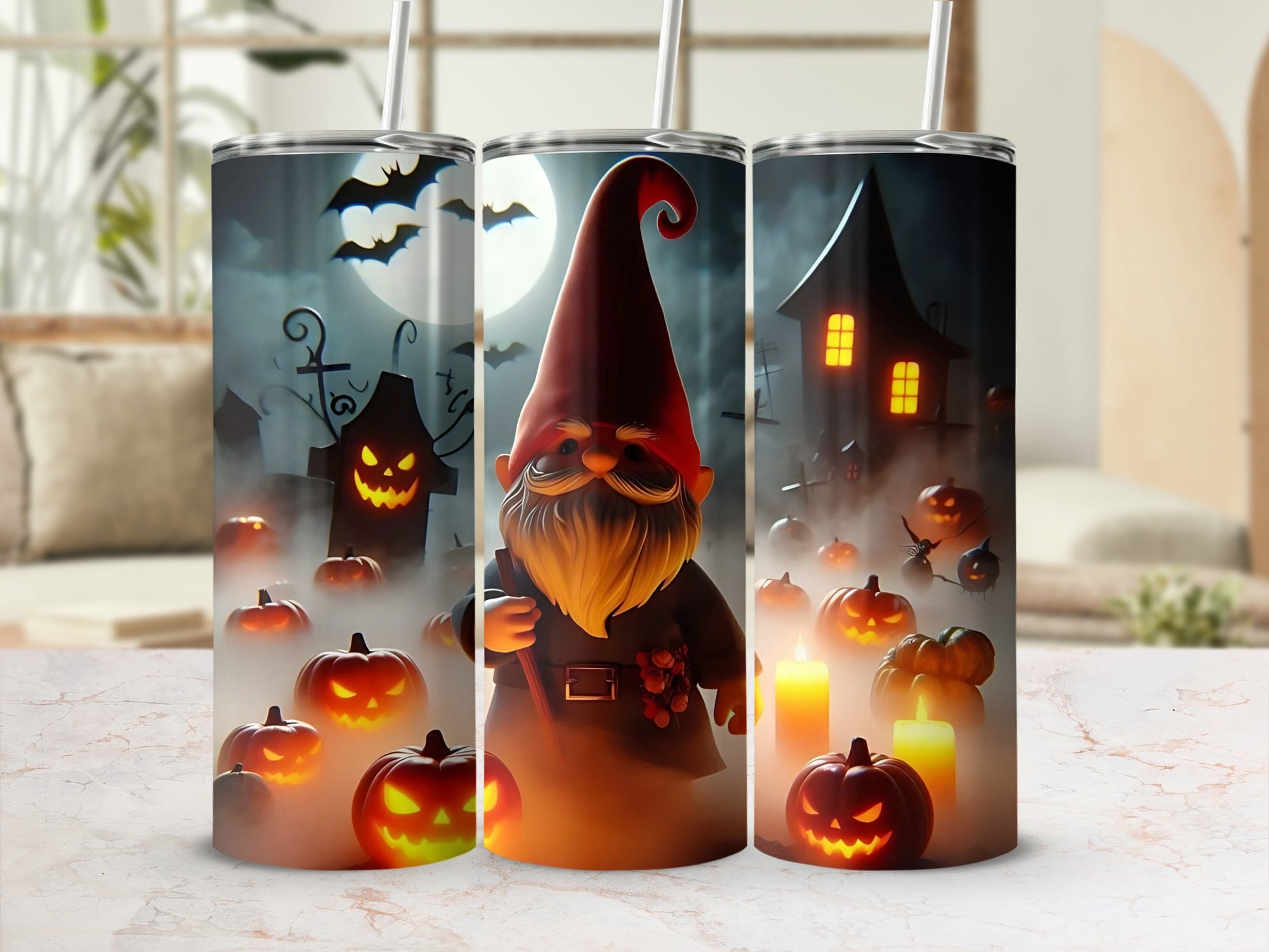 Halloween Gnome and Pumpkins Theme Tumbler Cup