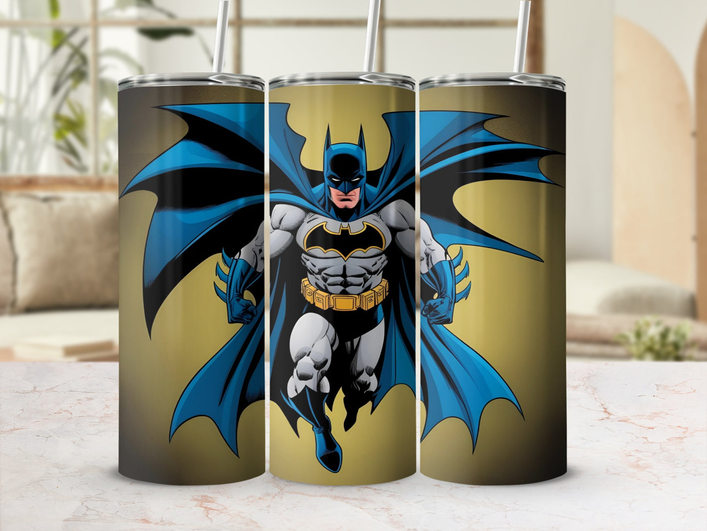 Batman in flight, striking a dynamic pose on a gradient background.