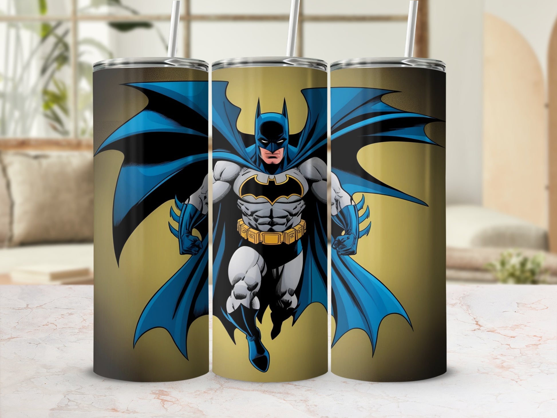 Batman in flight, striking a dynamic pose on a gradient background.