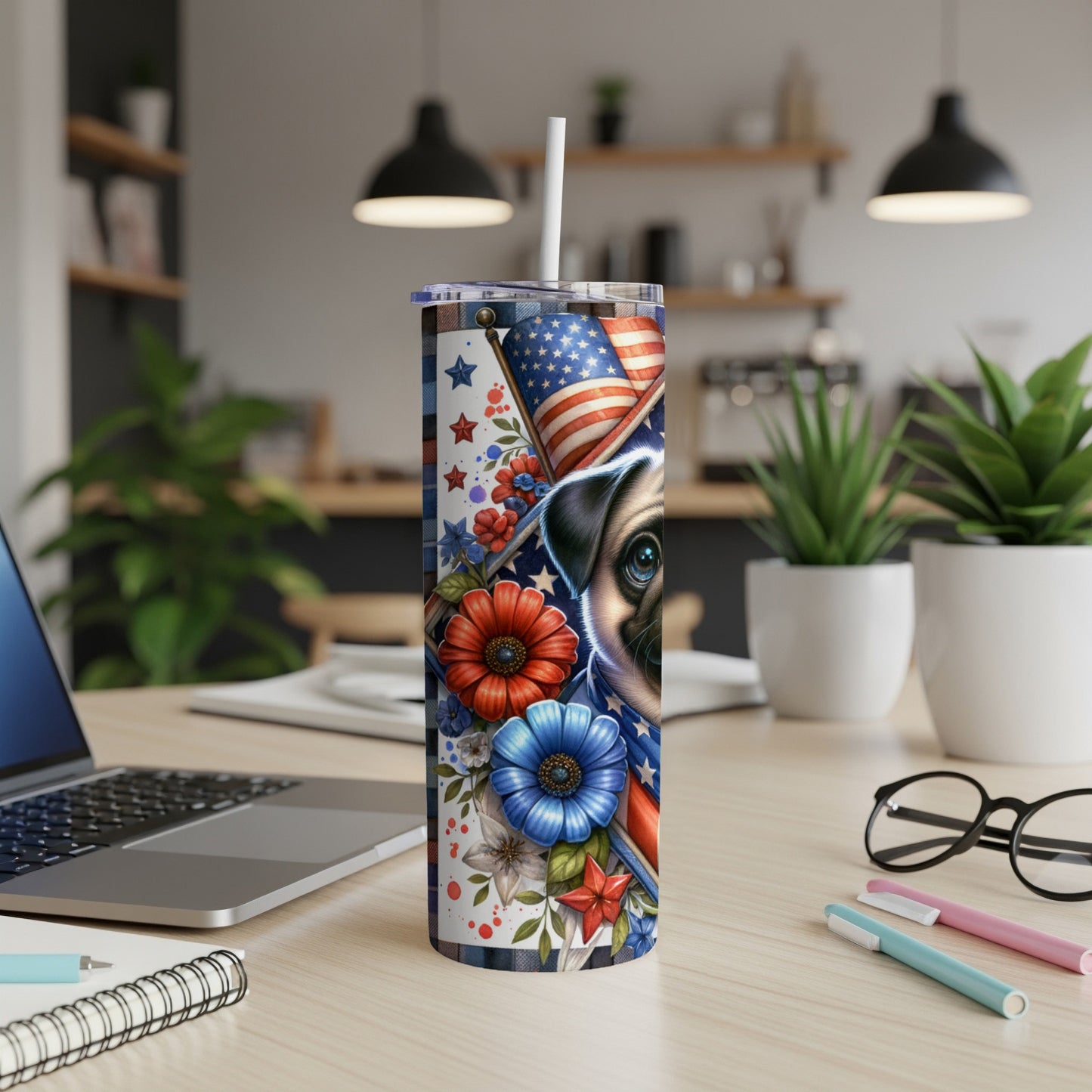 Patriotic Pug Tumblers Design, American Flag Dog Art, 4th of July Puppy, Memorial Day Gift, Red White Blue Floral, Dog Lover Tumblers Art