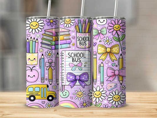 Three tumblers with a purple pattern featuring school supplies, bows, and smiling daisies.