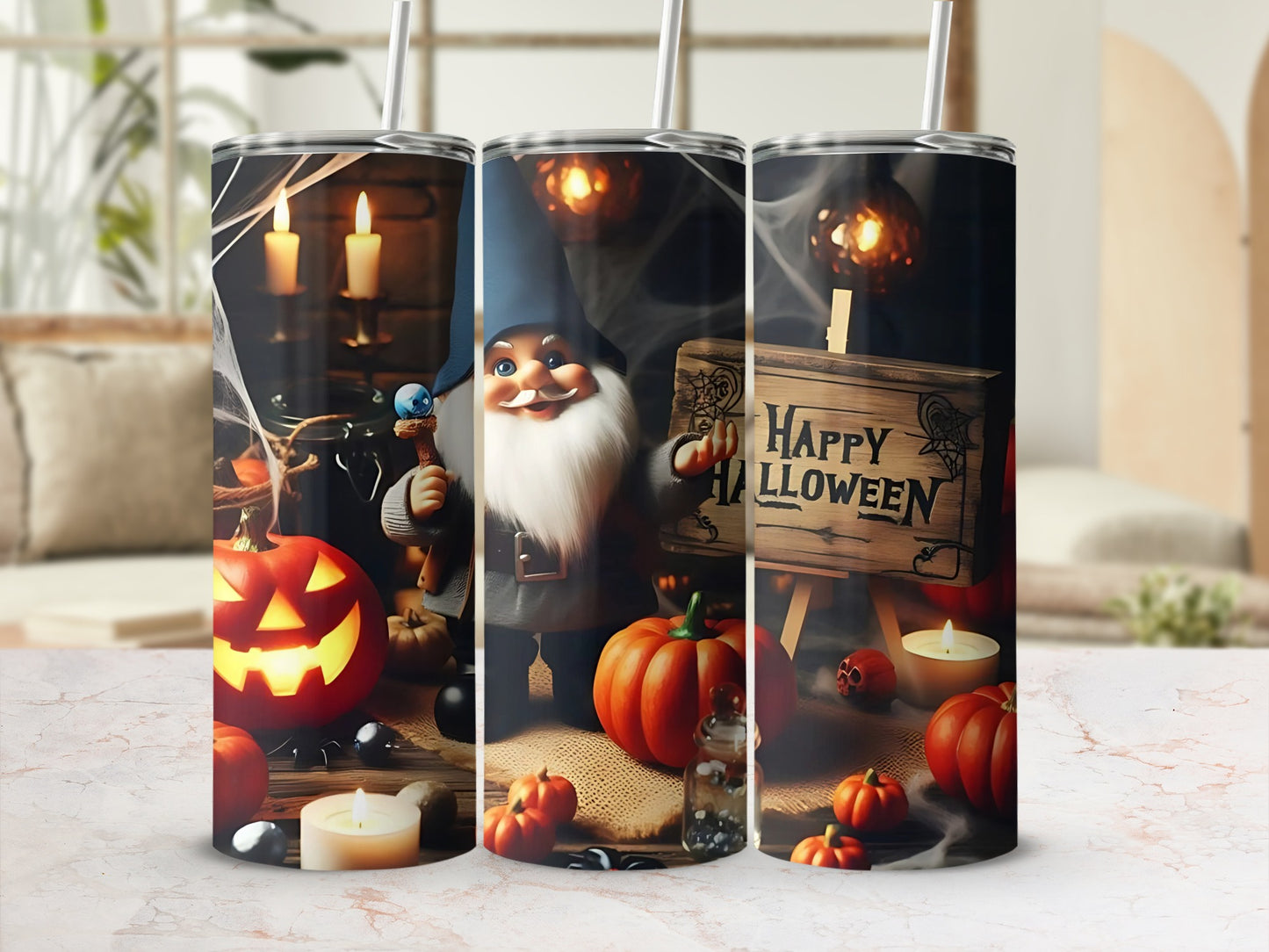 Halloween Pumpkin Gnome with Happy Halloween Tumblers
