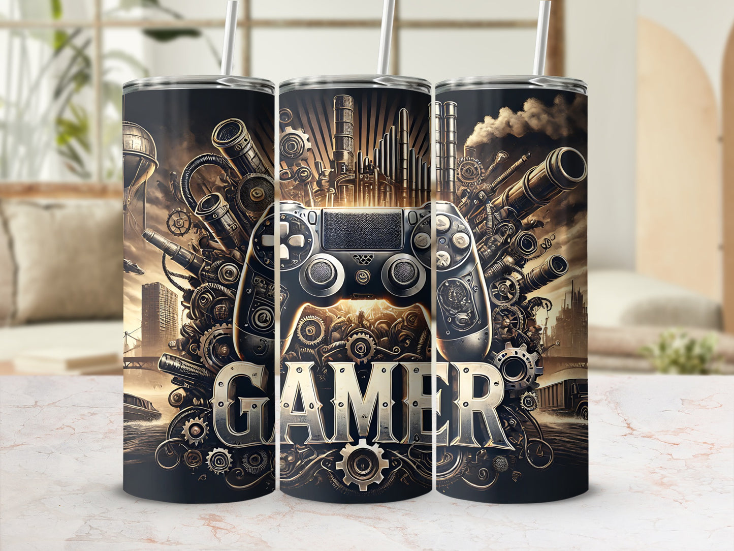 Gamer tumbler with steampunk-style video game controller and city background.