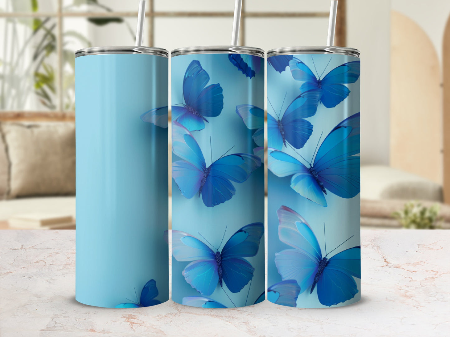 Blue butterfly tumbler with straw, presented in a triptych format.