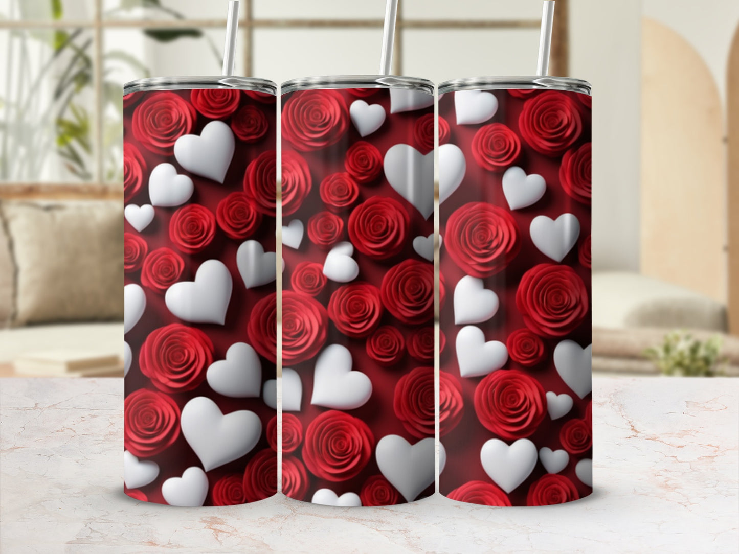 Three tumblers with red roses and white hearts pattern.