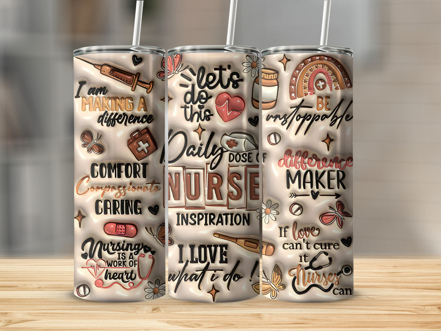 Three tumblers with nursing-themed quotes and designs.